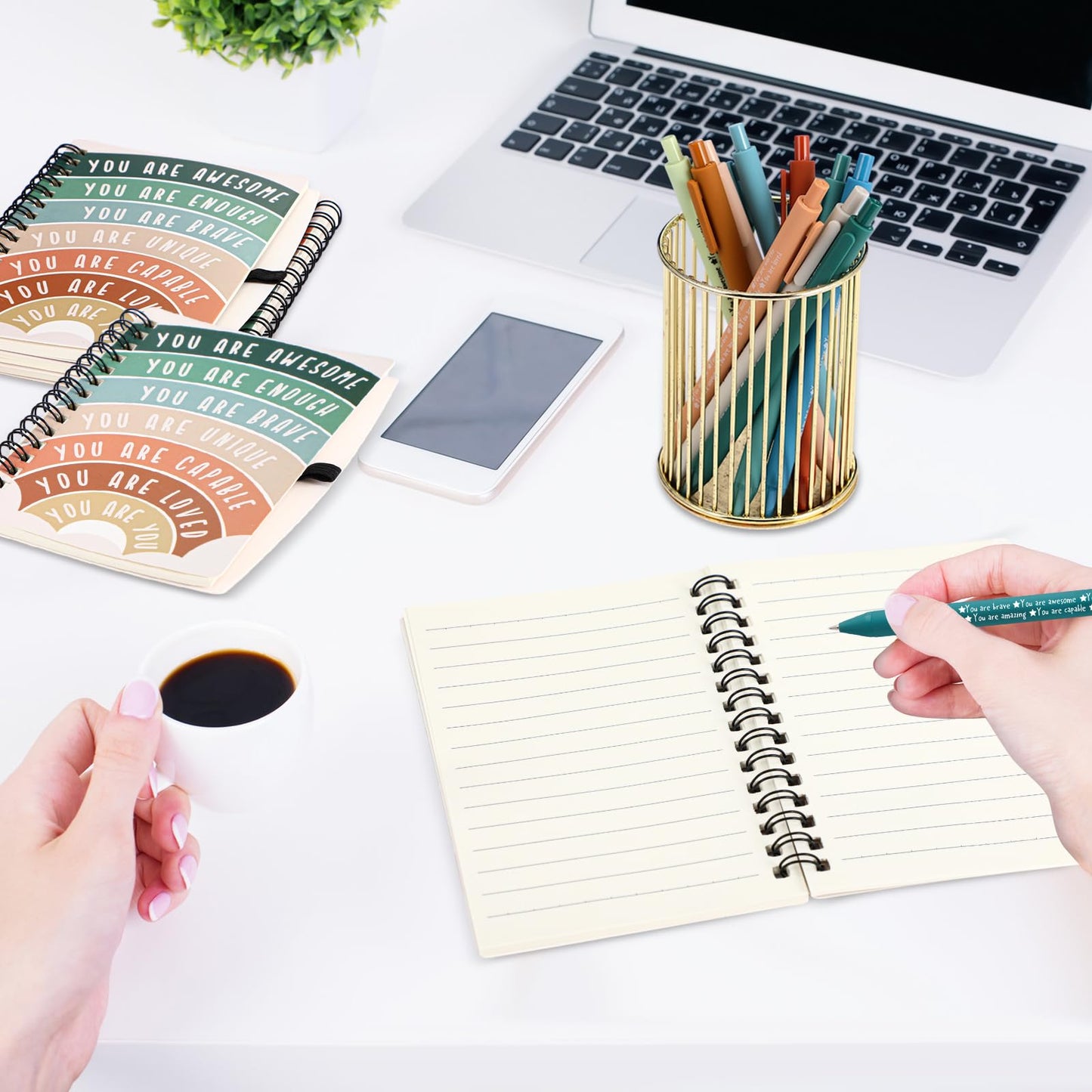 Thenshop 60 Pcs Mental Health Awareness Gifts Bulk 30 Self Care Notebook Journals 30 Positive Affirmation Pens for Women Office Staff Nurse Teacher Appreciation Student End of Year Gifts (Rainbow)