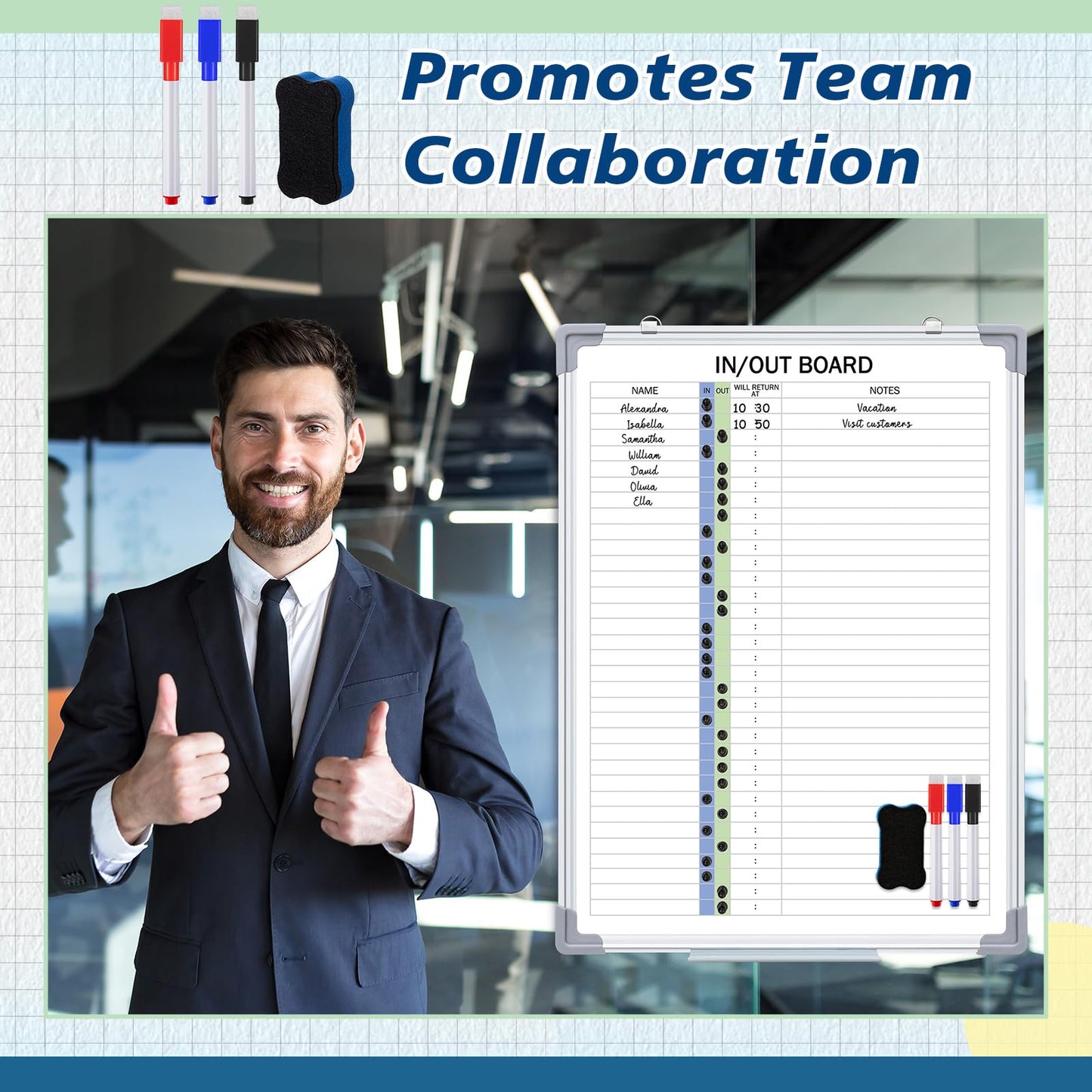 Lincia in and Out Magnetic Dry-Erase Board 24" x 18" Aluminum Framed White Board with Lines 33 Names with Magnetic Dry-Erase Marker, Eraser, and 35 Magnets Wall-Mounted for Office Employee