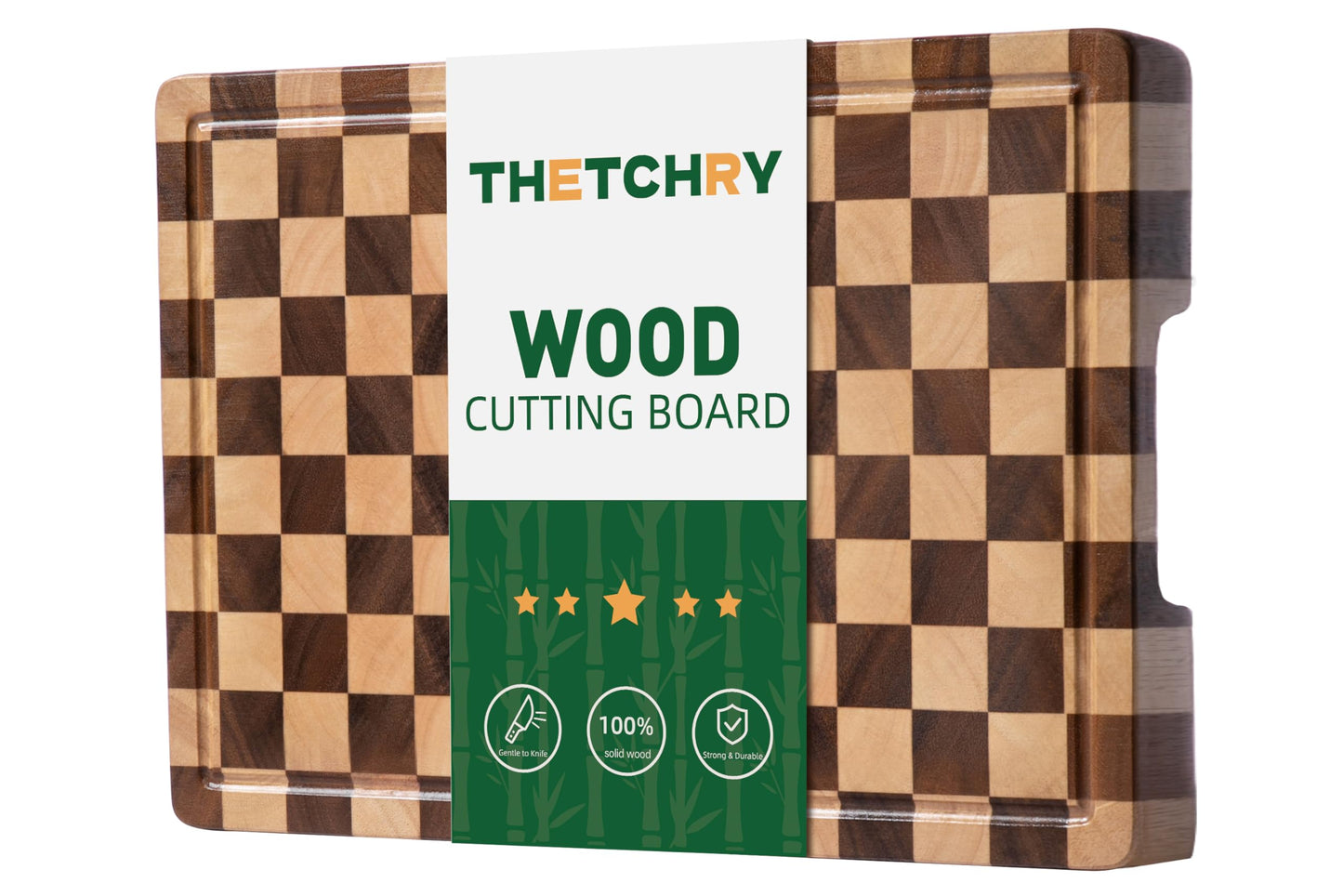 THETCHRY Cutting Boards for Kitchen, Checkered Cutting Board End Grain, Acacia Wooden Chopping Board with Juice Groove & Handle, Serving Tray for Meat, Bread & Fruit, 14"L x 11"W x 0.8"Th