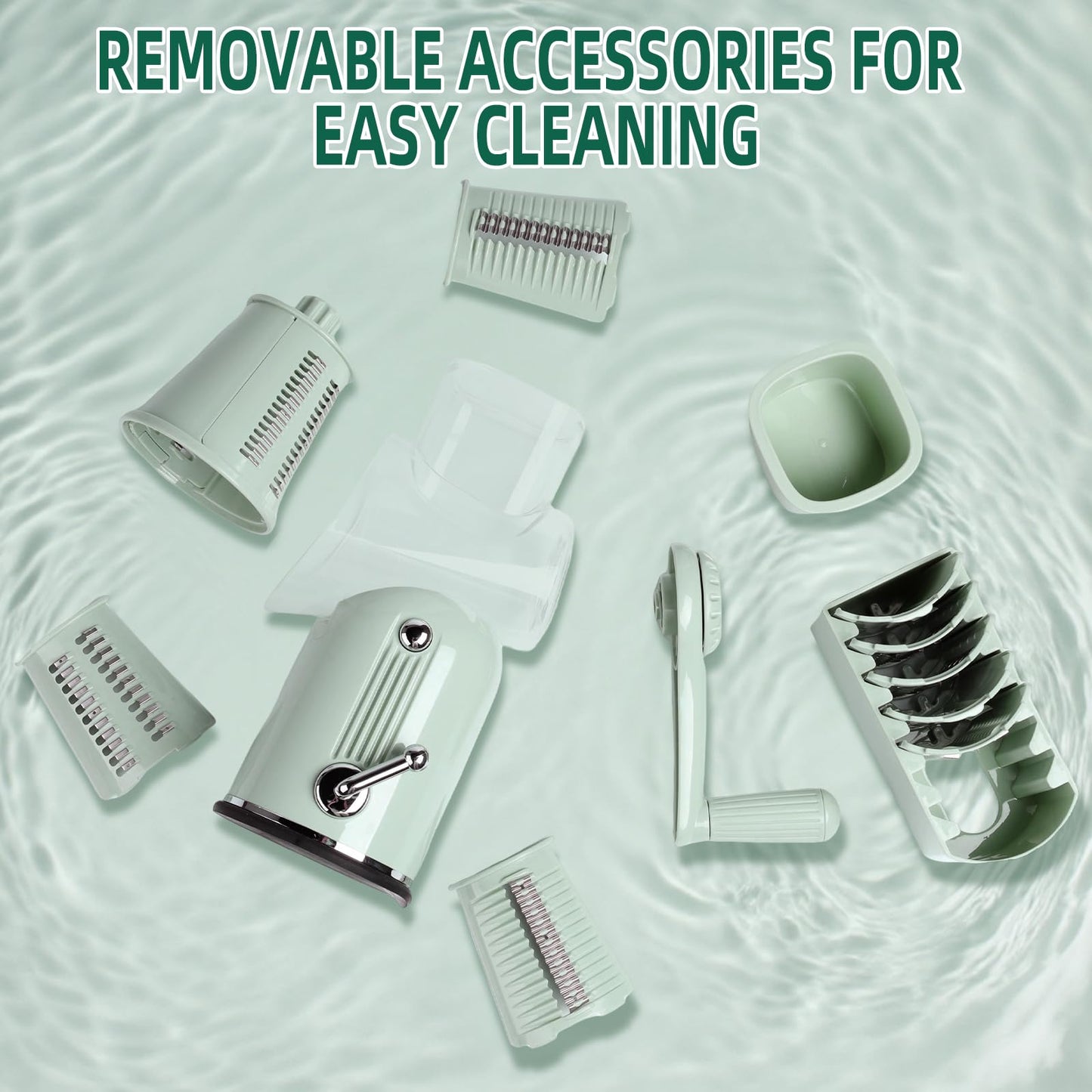 Rotary Cheese Grater with Handle, Vegetable Shredder with 5 Replaceable Blades & Strong Suction Base, Round Food Slicer & Chopper for Kitchen Fruit Vegetables Nuts with Blade Storage Box (Green)