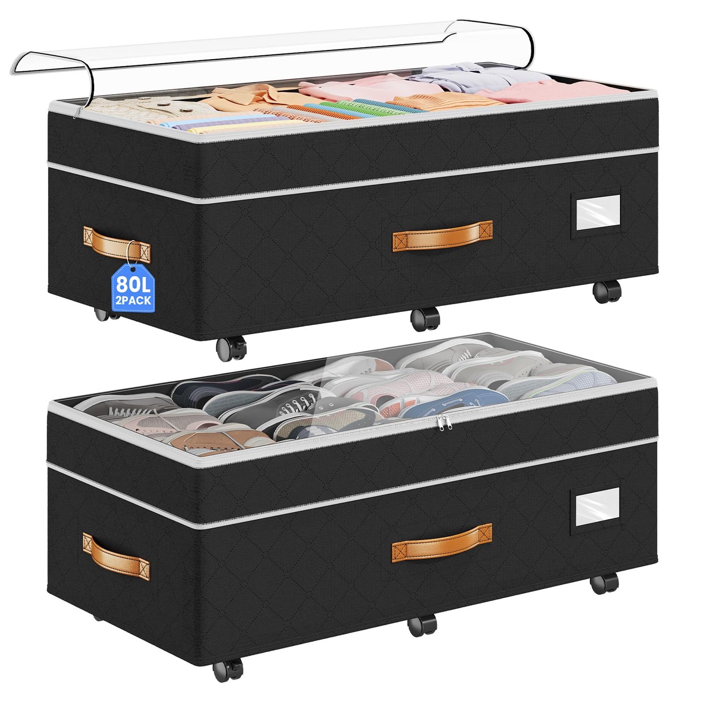 Budding Joy Under Bed Storage with Wheels 2Pack, 80L Height Adjustable Underbed Containers with Clear Lids, Rolling Under Bed Shoe Storage Organizer for Dorm Home Clothes, Blankets, Toys, Black