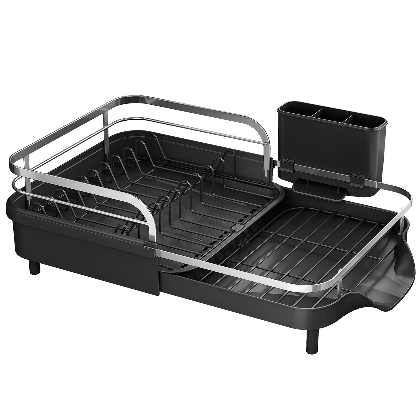SAYZH Dish Drying Rack - Expandable Dish Rack for Kitchen Counter, Rust-Resistant Dish Drainer with Utensil Holder and Raised Guardrail, Kitchen Organizer for Cup and Bottle (Black)