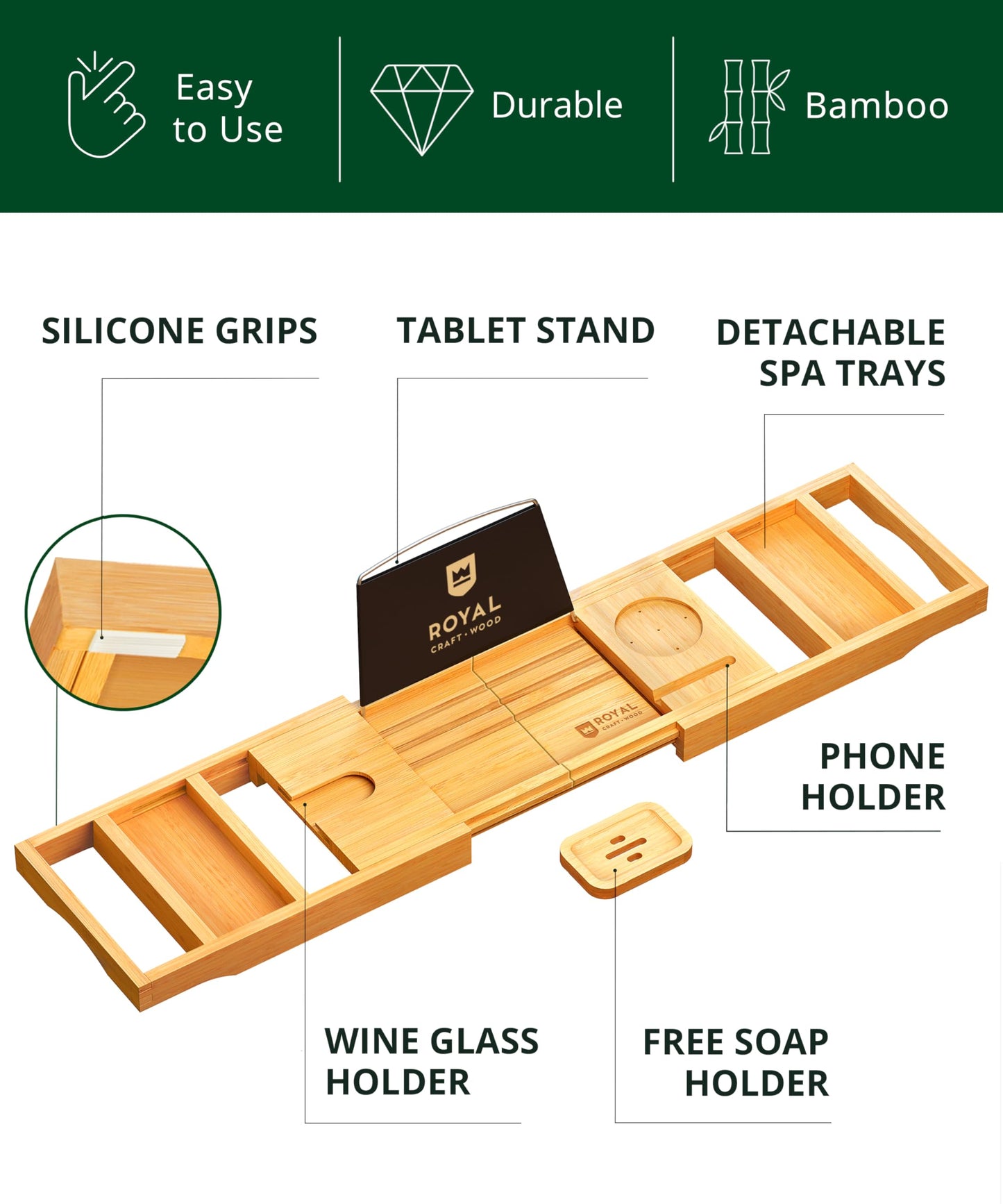 ROYAL CRAFT WOOD Premium Foldable Bathtub Tray Caddy - Wood Bath Tray for Tub, Bamboo Shelf, Expandable Bath Table Trays, Bathtub & Bathroom Accessories for New Home & Mothers, Birthday Gifts for Mom