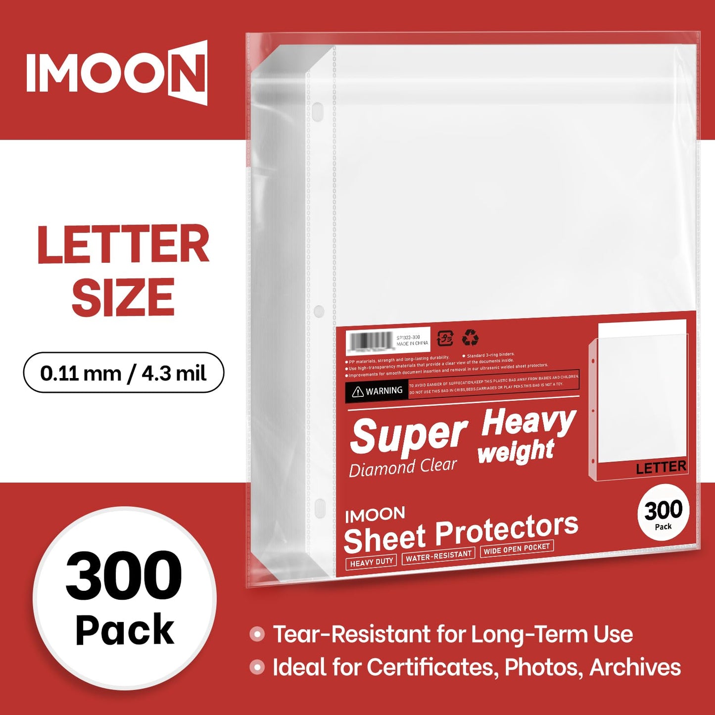 Super Heavyweight 3-Hole Letter Size Sheet Protectors - High Transparency Plastic Heavy Duty Sleeves for 3 Ring Binders, Archival Safe, Durable Page Protectors for Documents, 8.5x11 Inch (300 Pack)