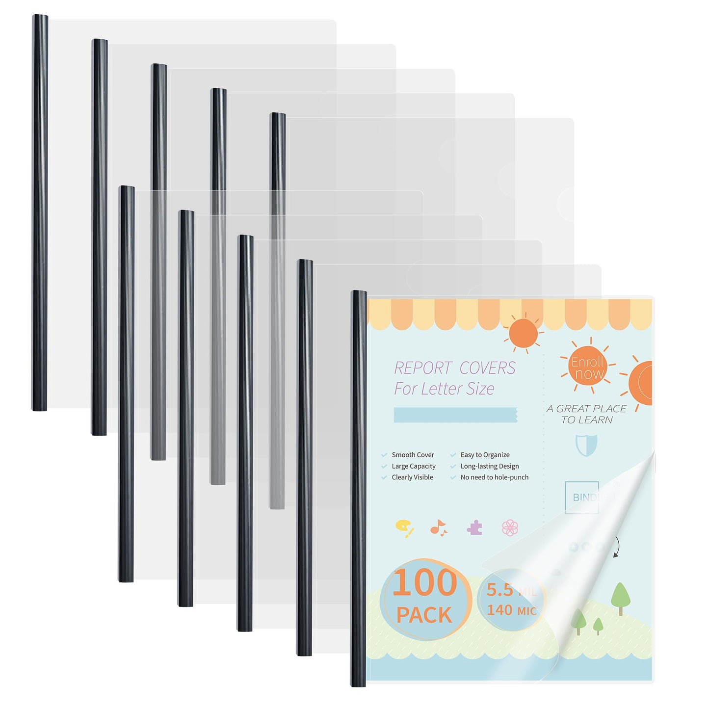 Binditek 100 Pack Clear Report Covers with Black Sliding Bars, 70 Sheet Capacity, 9mm Binding Bars, Letter Size, 5.5 Mil Thick, Black, for Students and Coworkers