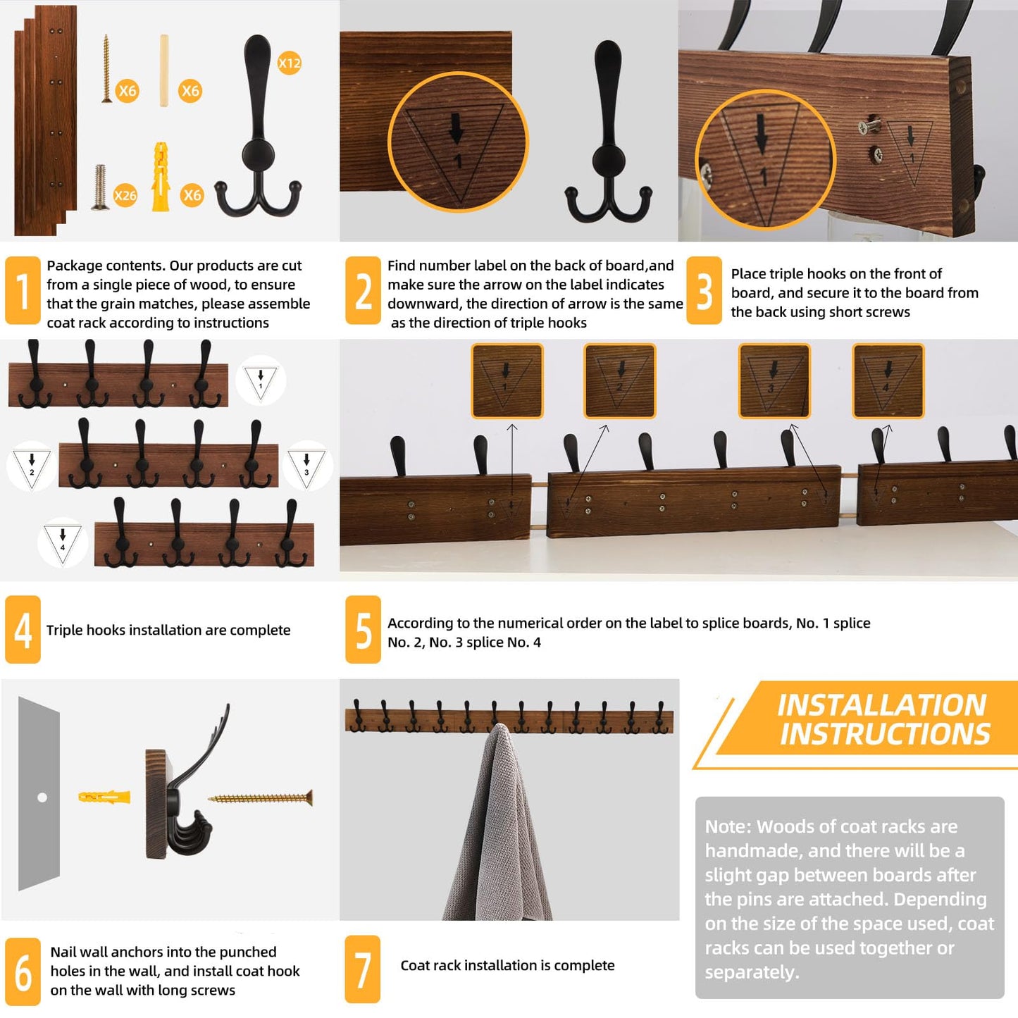 Homagic Wall Mount Coat Rack 47.3'' Burnt Brown Hanger - Rustic Towel Rack for Bathroom, Living Room - Hooks for Coats, Hats, Clothes