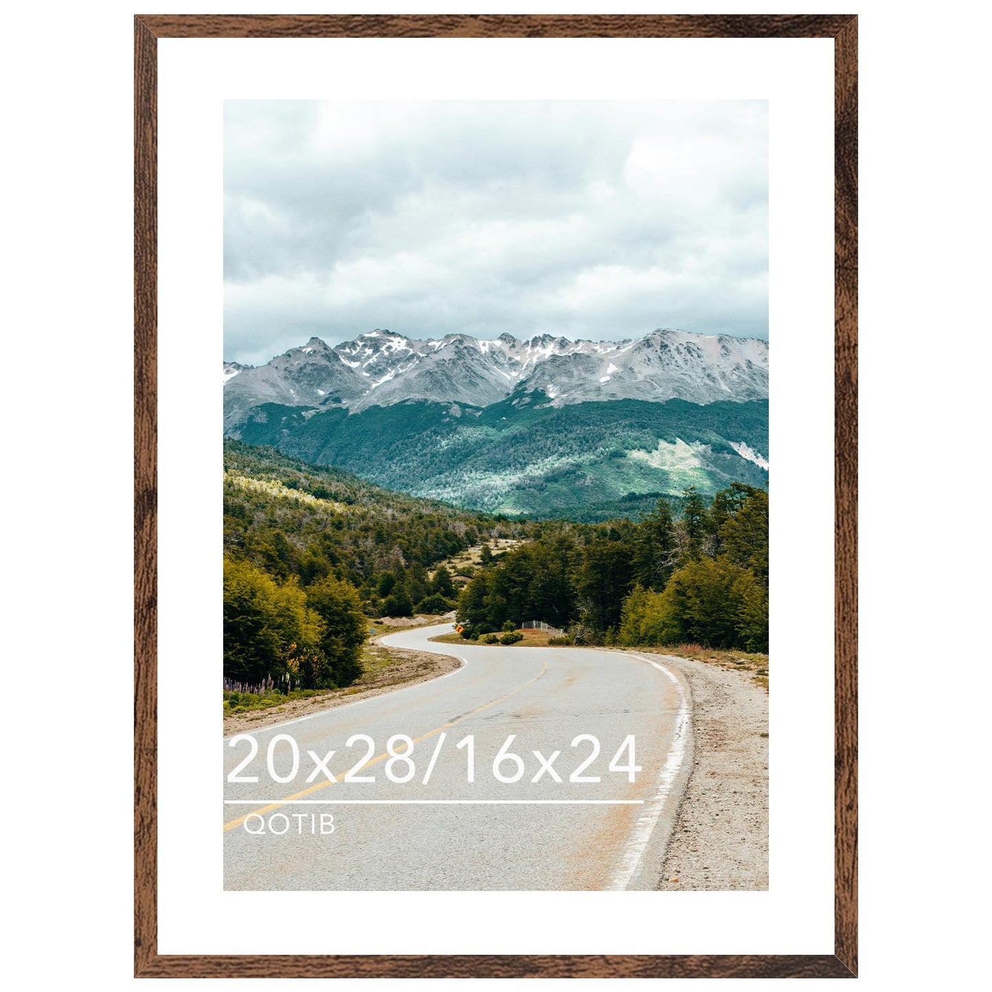 QOTIB Wood 20x28 Picture Frame with 16x24 Mat, Display 16x24 with Mat or 20x28 Without Mat, Wood 20 by 28 Photo Frame, 20 x 28 Frame for Wall Hanging Display, Deep Brown