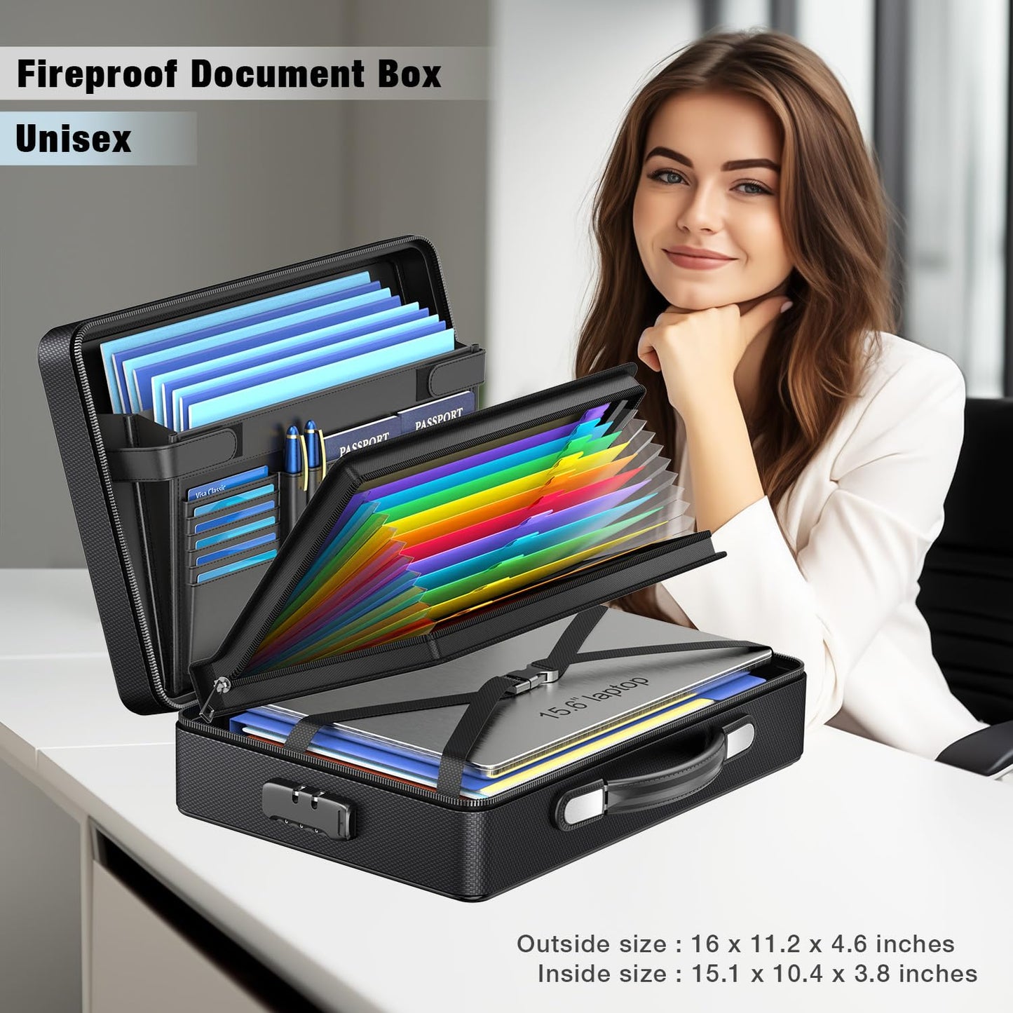 ANZAKY Fireproof Document Box with Fireproof Zipper, Hard Inner Shell Fireproof Document Bag with Lock, Fireproof Water Resistant Important Document Organizer 16 inch Laptop File Briefcase (Black)