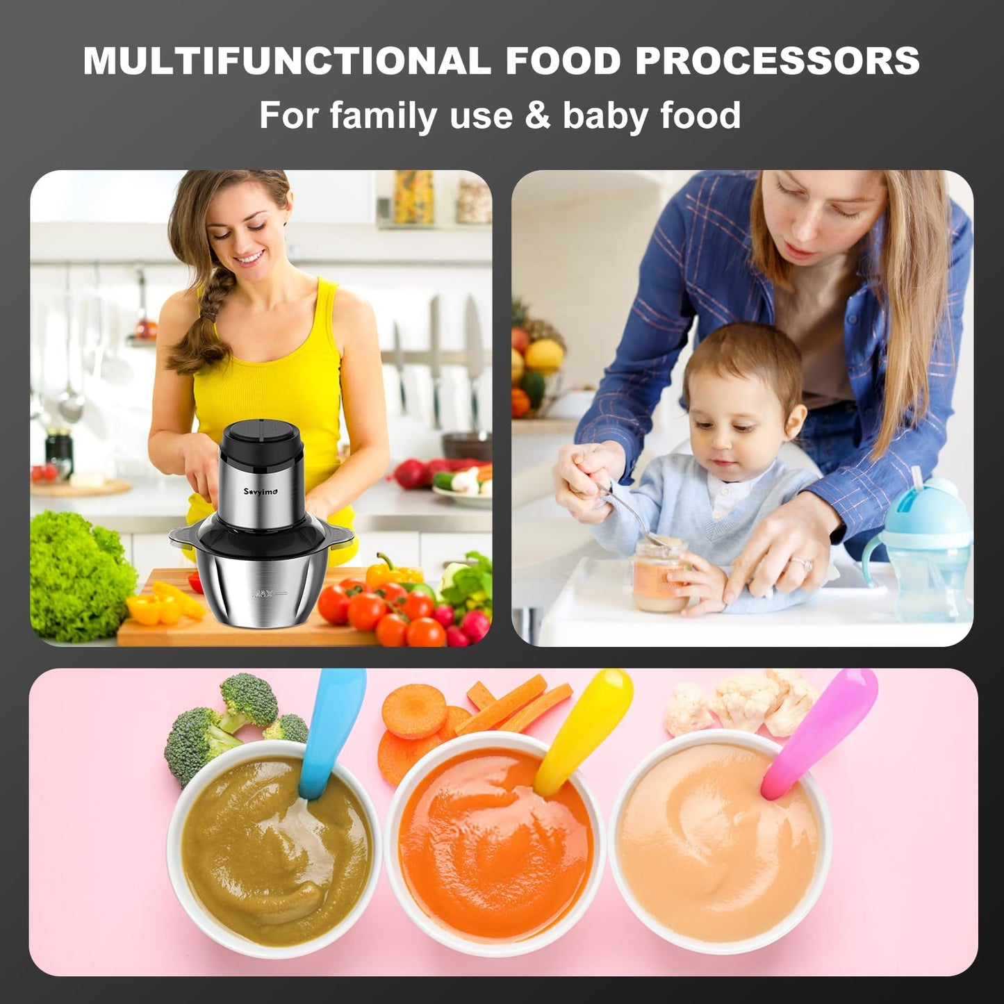 Food Processor, Meat Grinder Vegetable Chopper for Home Use, Sovyime Small Food Chopper with 2 Bowls(8 Cup) & 2 Bi-Level Blades. 350W Electric Meat Chopper for Onion, Baby Food, Garlic, Nuts, Fruit