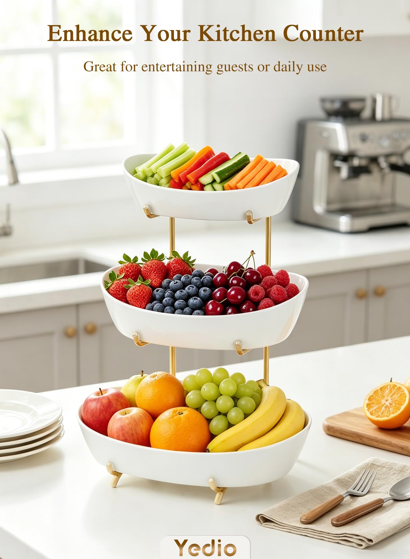 Yedio 3 Tier Fruit Bowl for Kitchen Counter, No Assembly Required Ceramic Fruit Basket with Metal Stand, Tiered Fruit Stand for Countertop for Fruit, Veggies, Snacks, Cake & Desserts