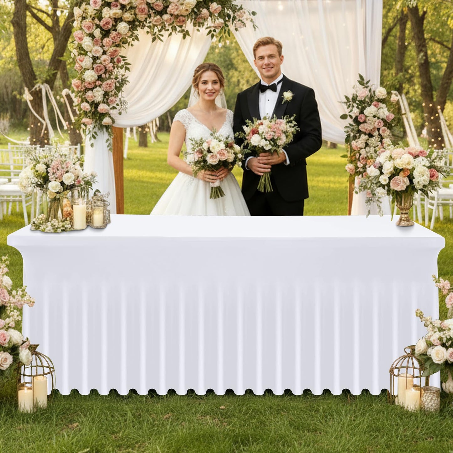 Moosfor Spandex Fitted 6FT Rectangle Tablecloth 2 Pack, Elastic Stretch Wrinkle Resistant Table Skirt, Washable Reusable Table Cover for Wedding, Banquet, Party, Events (White, 72Lx30Wx30H Inch)