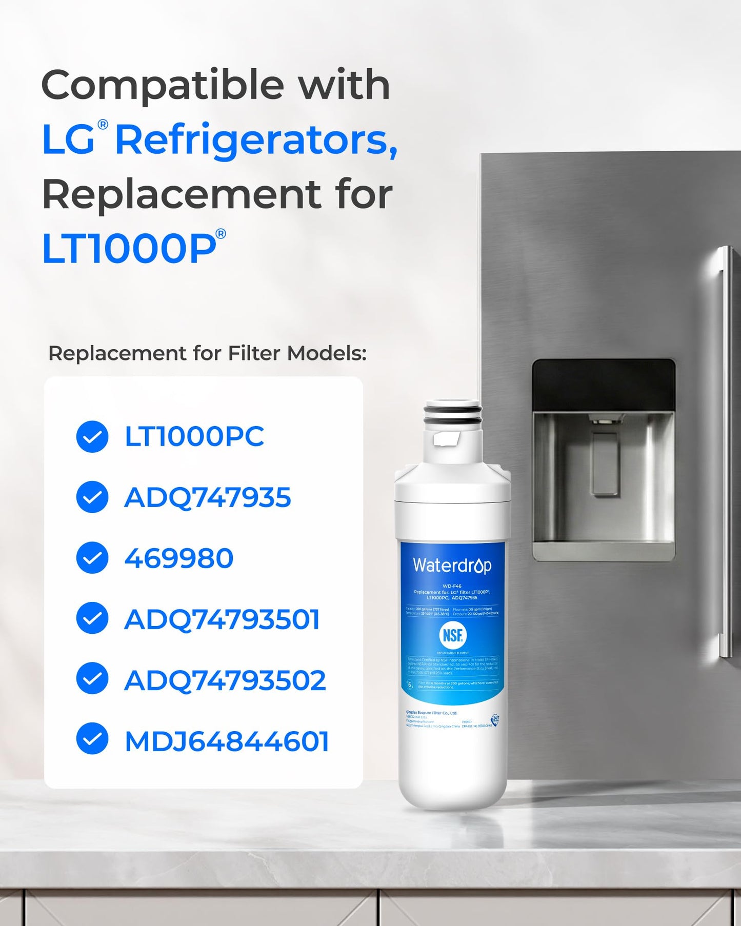 Waterdrop LT1000PC ADQ747935 Refrigerator Water Filter and Air Filter, Replacement for LG® LT1000P®, LMXS28626S, LFXS26973S, LFXS26596S, LFXS28596S, ADQ74793501, ADQ74793502 and LT120F®, 4 Combo