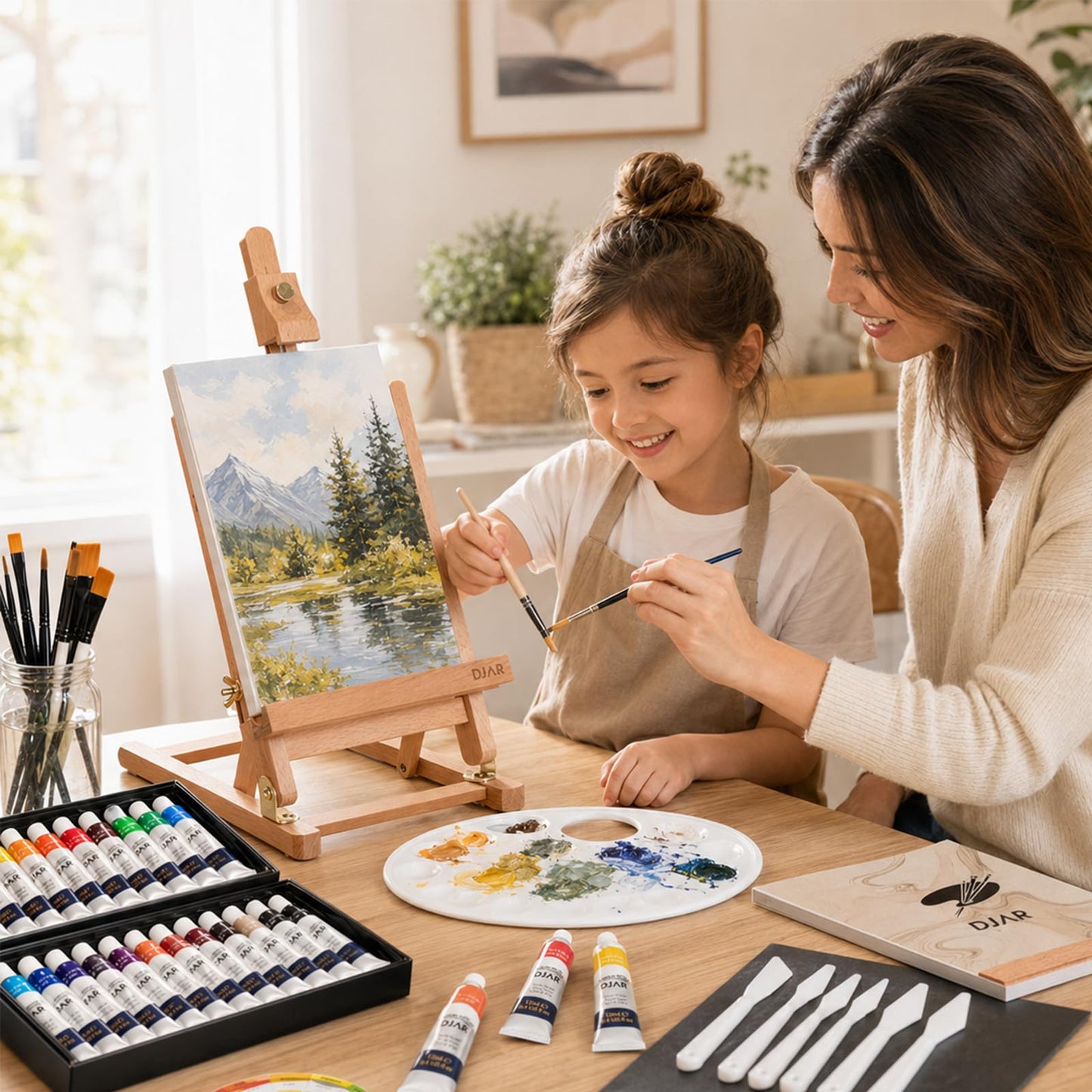 DJAR 49 pcs Acrylic Art Set with 25" Art Easel, Adjustable Beech Wood Tabletop Wooden Easel for Painting, Painting Supplies with 24 Acrylic Paints, Canvas Panels, Palette for Teens, Adults, Students