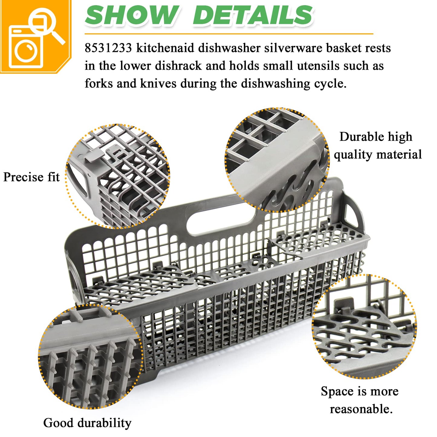 WP8562043 8531233 Universal Dishwasher Silverware Basket Replacement for Whirlpool Kitchenaid Dishwasher Utensil Basket - Replaces Kitchenaid Dishwasher Basket W10190415 8531288 8562043 by Techecook
