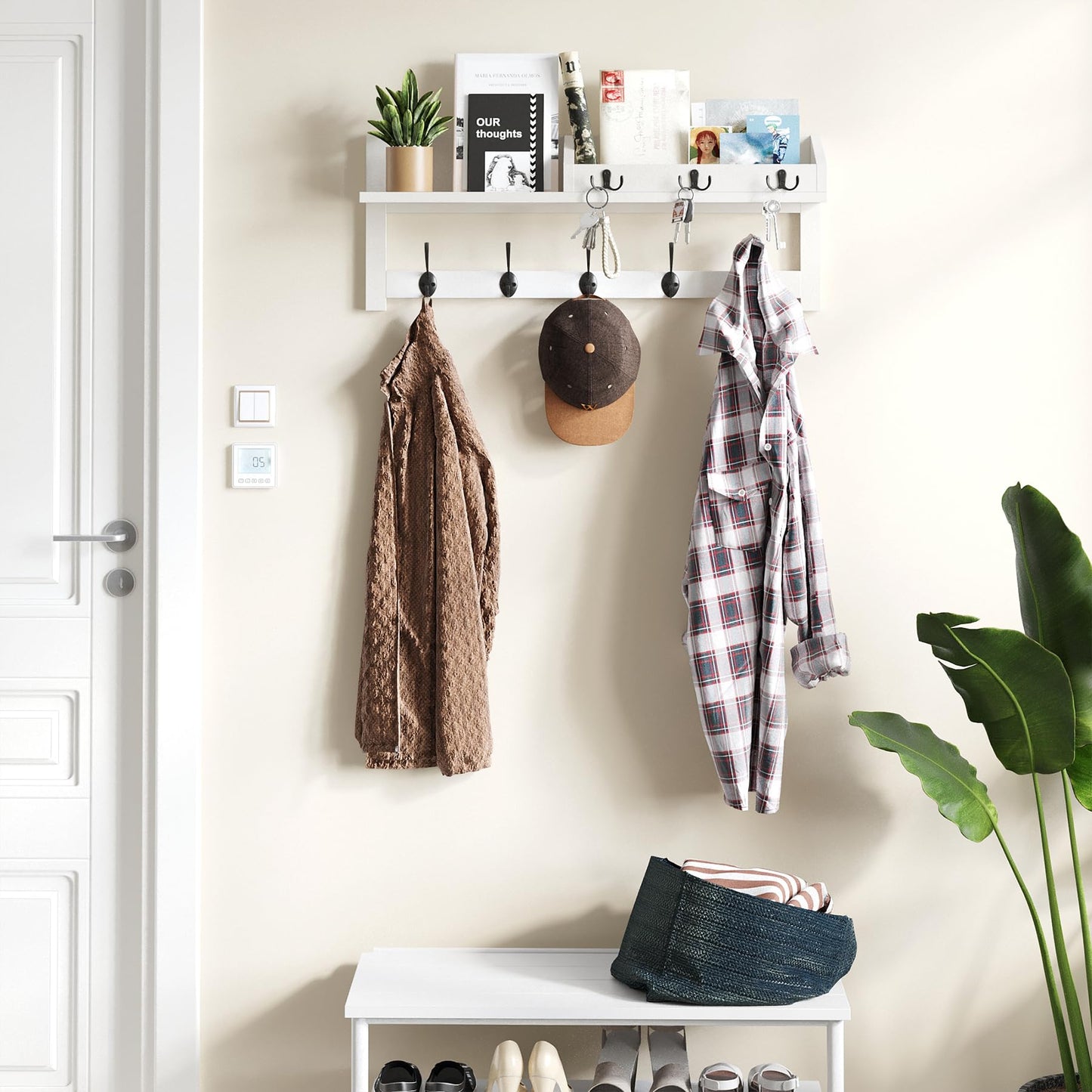 AMBIRD Wall Hooks with Shelf, 26.57 Inch Entryway Wood Coat Hooks for Wall, Coat Rack Wall Mount with 5 Dual Hooks 3 Key Hooks Mail Organizer and Key Rack Holder (White)