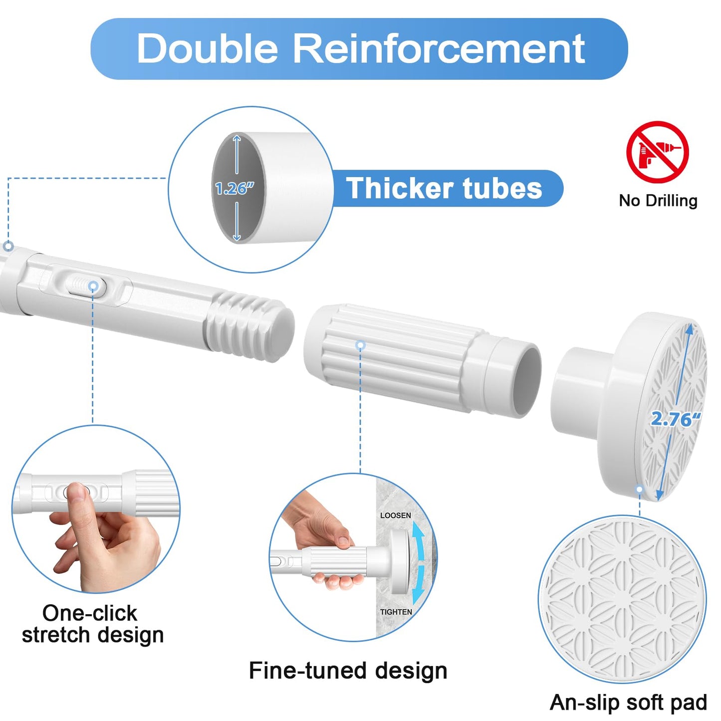 Long Tension Rod 39-144inch White Tension Curtain Rods no Drilling 1.26" Diameter Outdoor Curtain Rod for Patio,Windows,Shower,Doorway,Heavy Duty Spring Rods