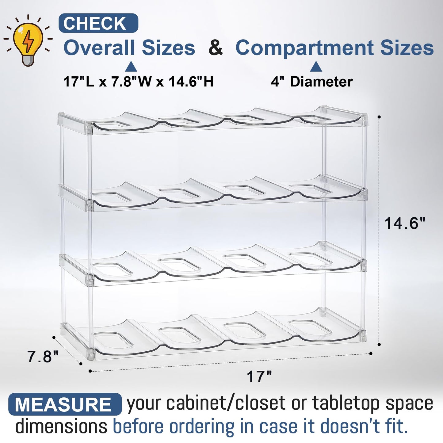 LARGER Compartment - 4 Tier Stackable Water Bottle Organizer Holder - for Stanley 40oz & Others' Large Tumbler - Clear Wine Rack, 16 Cup Bottle Holder for Cabinet Home Countertop Fridge Pantry Shelf