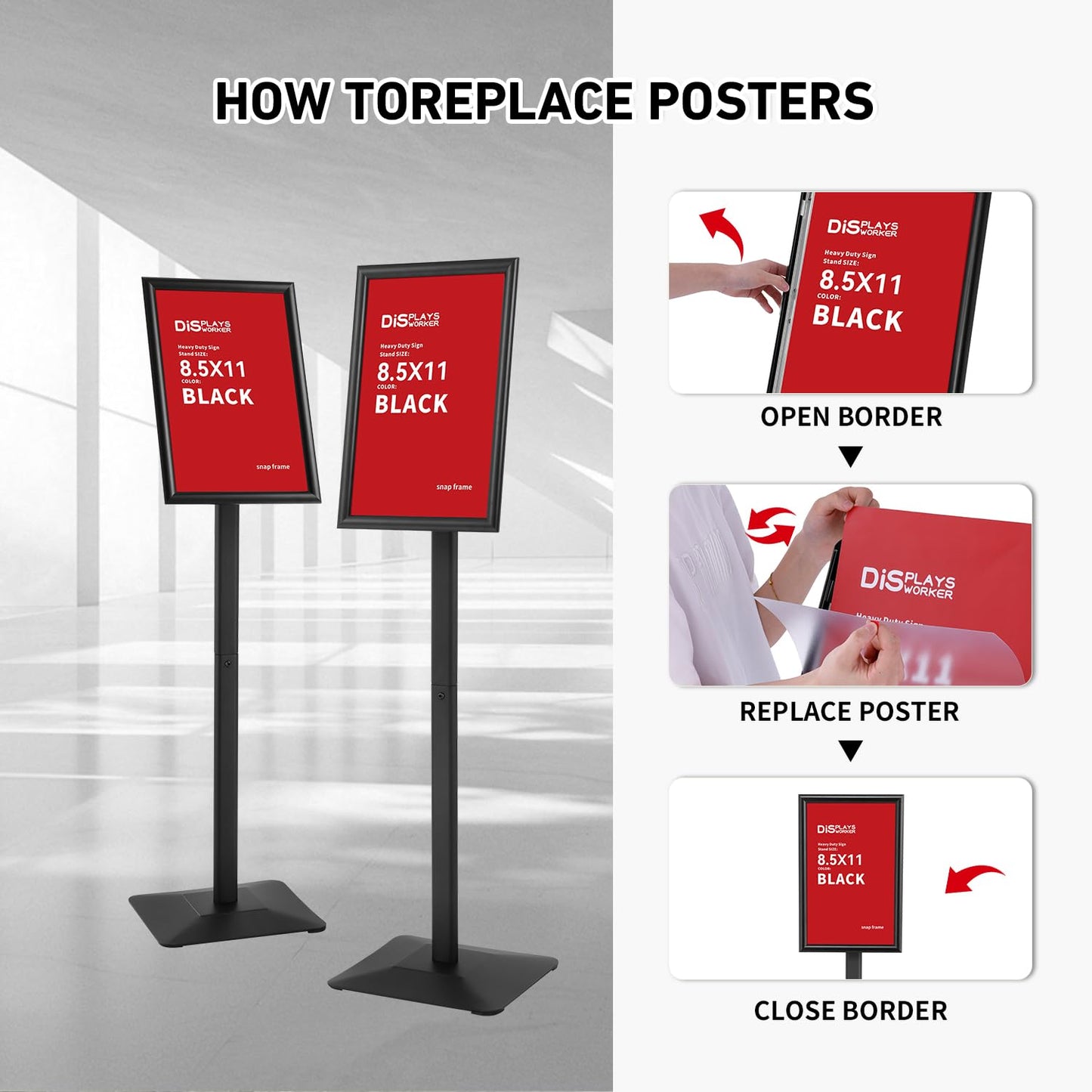 DISPLAYSWORKER Floor Sign Holder, Sign Stand Display heavy duty pedestal sign floor standing for indoor outdoor signage 8.5×11 display(BLACK, 8.5×11)