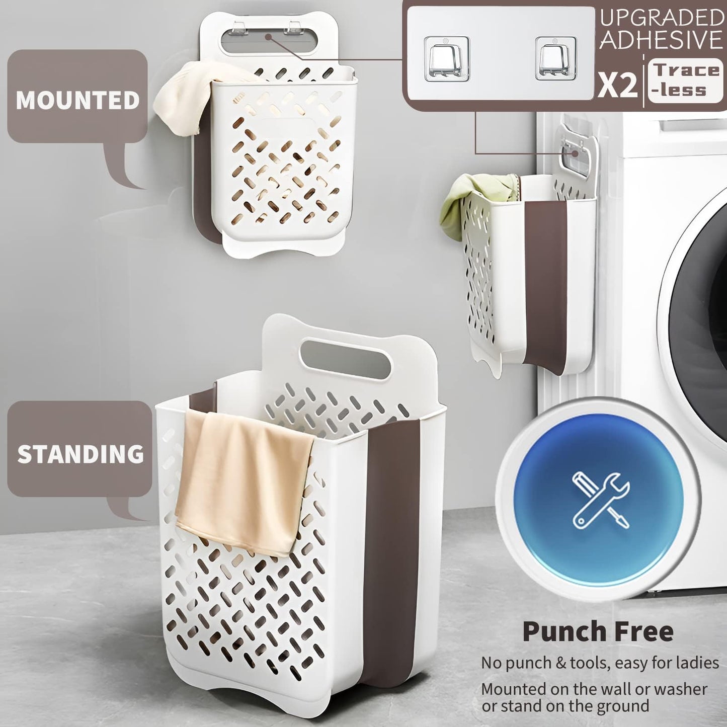 Pansyling Plastic Collapsible Hanging Laundry Baskets with Carry Handle, Space-Saving Wall Hanging Laundry Basket Durable Tall Folding Plastic Laundry Hamper Waterproof Dirty Clothes Organizer XL+L