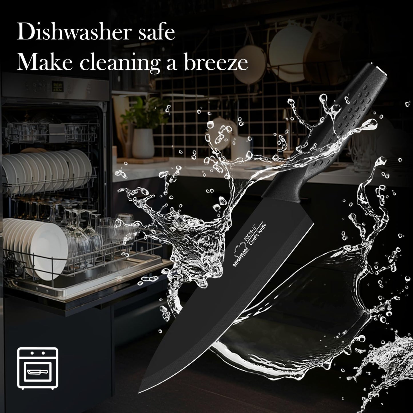 Knife Set, 15 Pieces Kitchen Knife Set with Block Built in Sharpener, Dishwasher Safe, German Stainless Steel Knife Block Set, Elegant Black