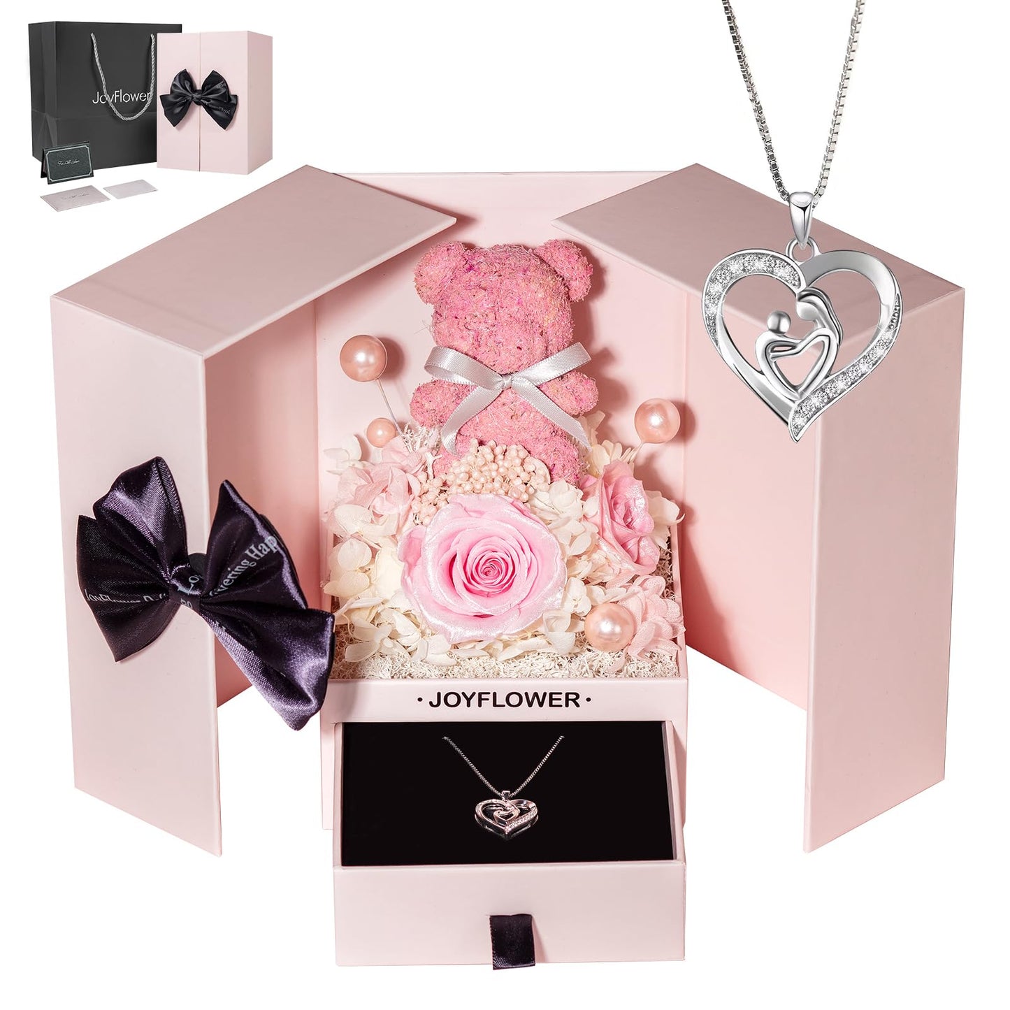 JoyFlower Preserved Flowers with Necklace Gifts for Mom, Unique Pearl Rose Mother Day Birthday Gifts for Mom Grandma, Eternal Flower Bear with Necklace Gift for Mother Grandma Mama from Kids