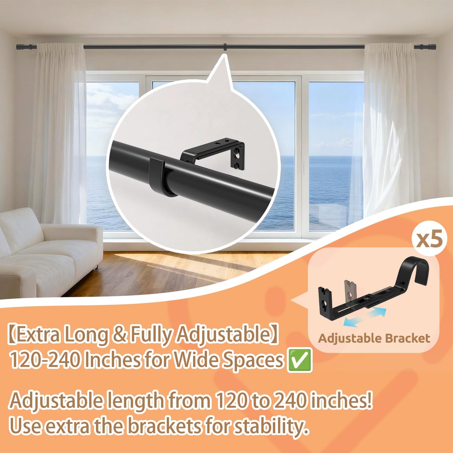 Outdoor Curtain Rods for Patio, Extra Long Rod (32 to 240 Inch) – Heavy Duty Curtain Rod, Adjustable Wall & Ceiling Mount, Matte Black Room Divider, For 1 Large Window or 2 Windows,5 Holders
