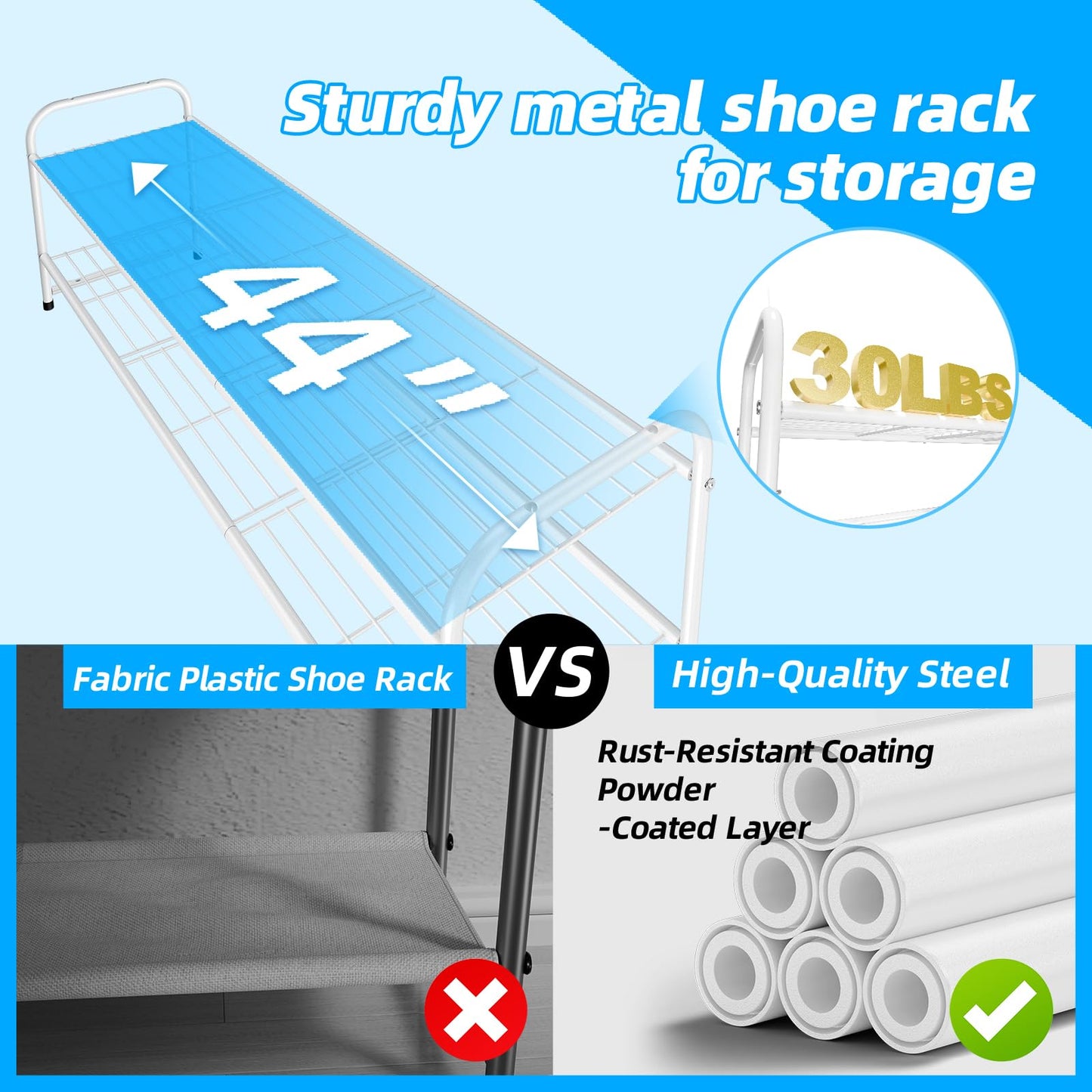 MWQ Shoe Rack for Closet, 2 Tier 44 Inch Extra Wide Shoe Storage Organizer for Shelves, Heavy Duty Metal, Easy Assembly, White