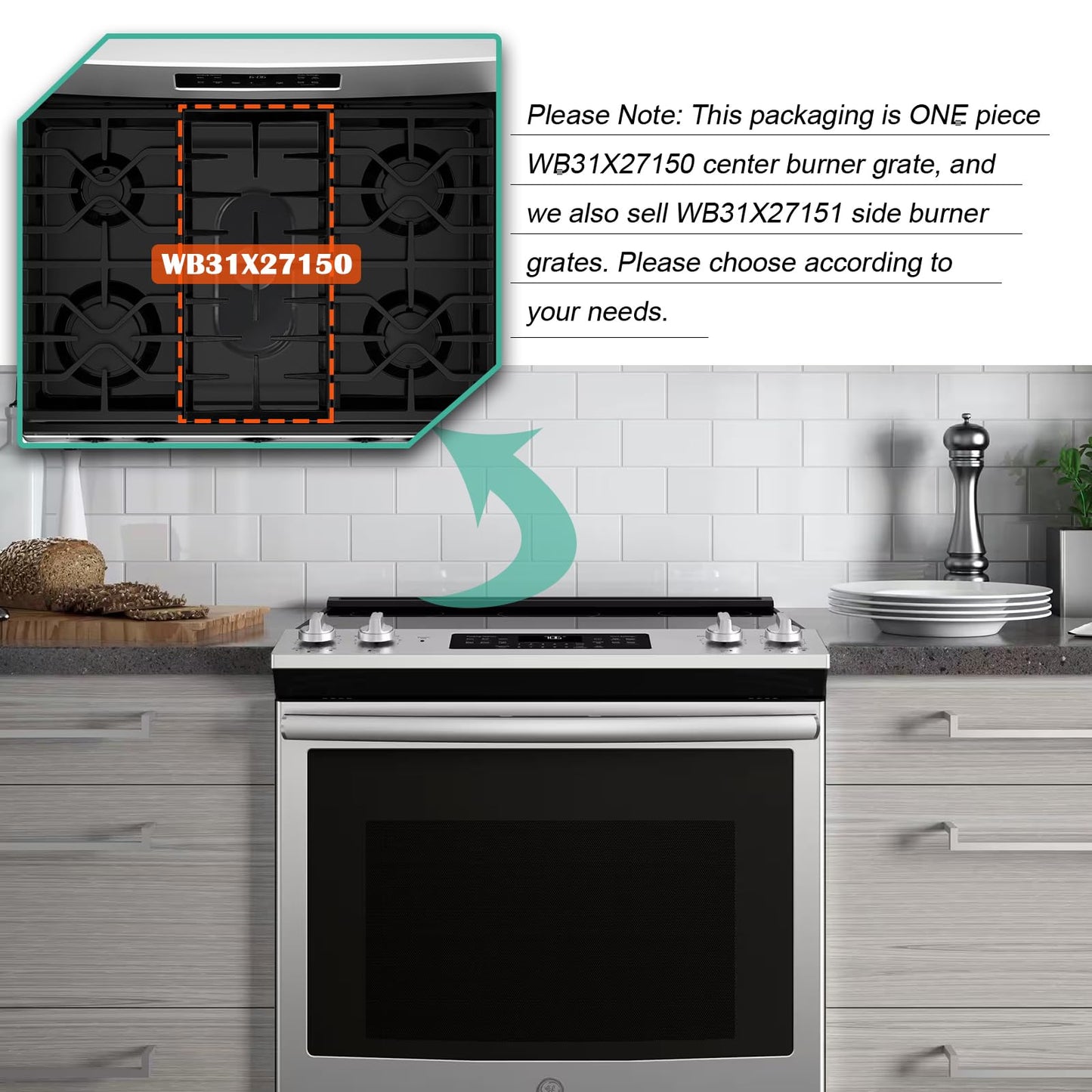 WB31X27150 Cast Iron Burner Grate Replacement for GE Stove Parts JGBS66REKSS JGB700SEJ4SS JGSS66SEL1SS JGSS66SEL3SS, WB31X24737 Center Burner Grate Surface Cooktop for General Electric Gas Range Parts