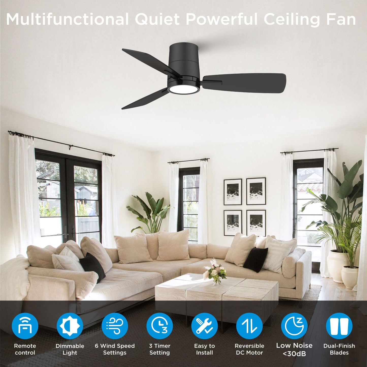 Atolit Ceiling Fans with Lights,42 inch,Quiet Reversible Motor,Easy to Install,6 Speeds,Dimmable,Timer, Black Modern Ceiling Fan for Living Room, Bedroom, Kitchen, Dining room, Office