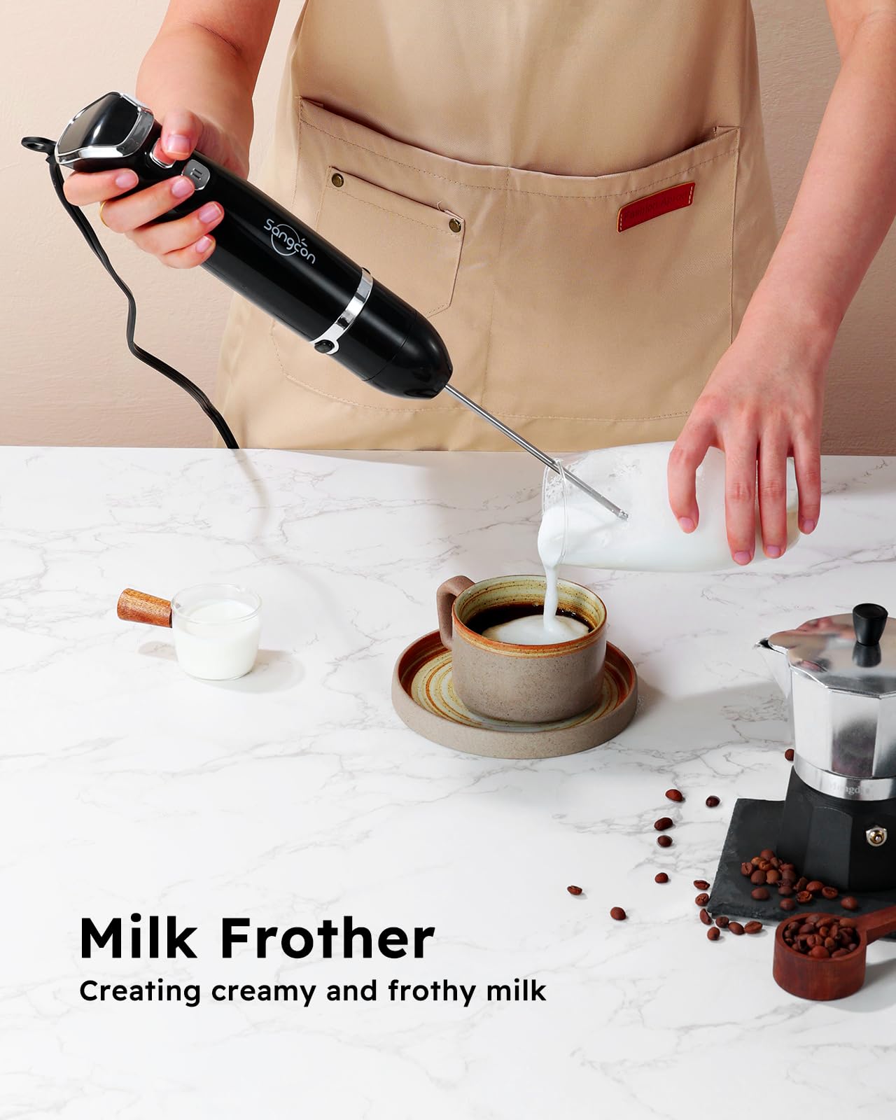 Sangcon 6-in-1 Immersion Blender Handheld, Hand Blender with Chopper & 34oz Blending Cup Storage Base, 2-Speed Adjustable Stick Blender,Stainless Steel Blades, Detachable Blender, Whisk, Milk Frother