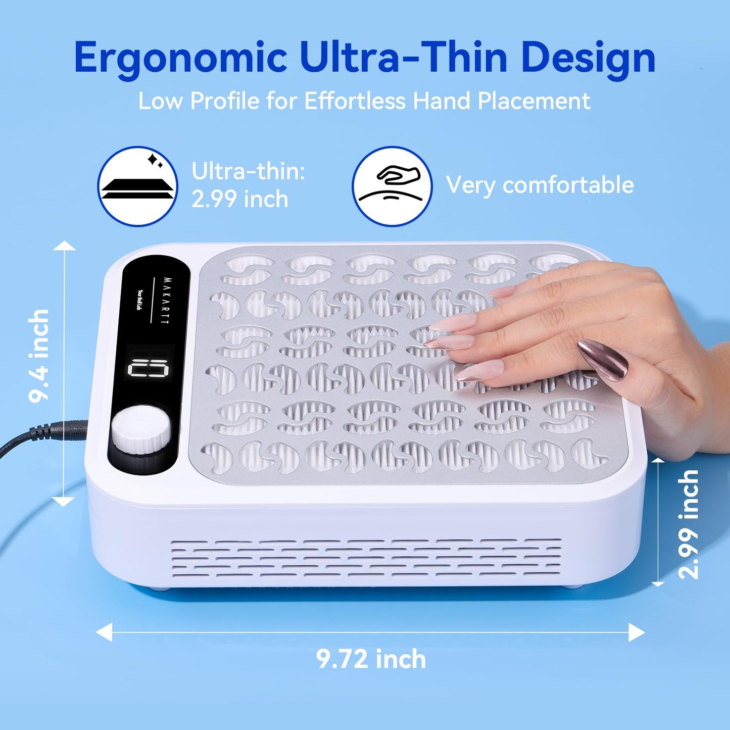 Makartt Nail Dust Collector - Professional Powerful Suction Larina Dust Cleaner with LED Display, Adjustable Speed, Reusable Filter, and Strainer Panel for Acrylic Nails Polishing Manicure Salon Home