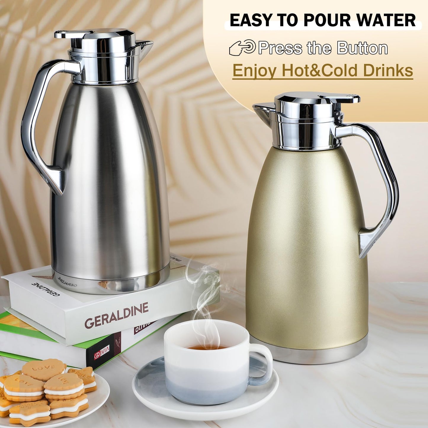 Tioncy 2 Pcs Thermal Coffee 78oz Insulated Carafe Hot Water Dispenser Stainless Steel Carafe for Liquid Coffee Tea Milk with 2 Brushes Keep 12 Hours Hot 24 Hours Cold(Gold, Silver)