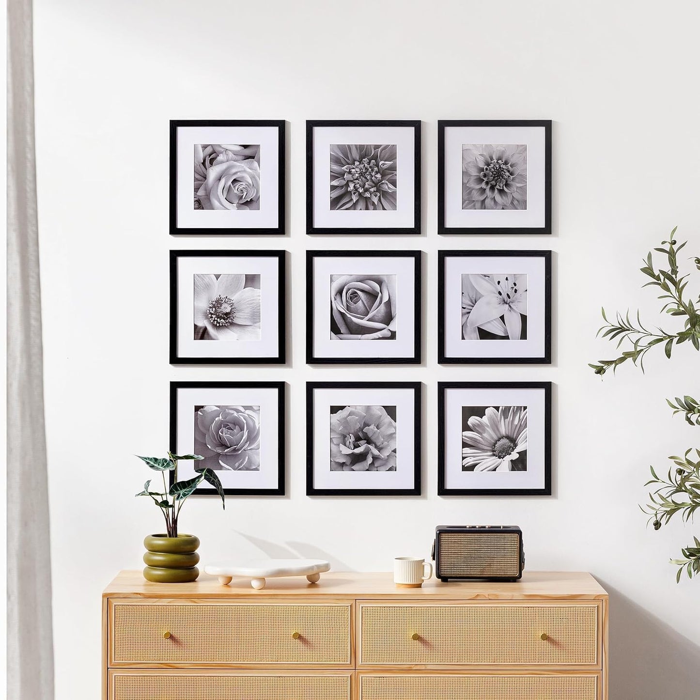 eletecpro 12x12 Picture Frames Set of 9 with Clear Acrylic Cover, Display 8x8 Photos with Mat or 12x12 Without, Classic and Sturdy Square Collage Gallery Wall Decor, Easy Wall Mount, Black