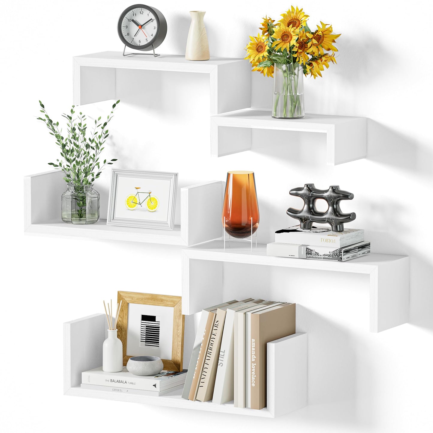 SRIWATANA Floating Shelves for Wall, Wall Shelves for Bathroom, Bedroom, Living Room, Kitchen, Office, Wood Shelves for Home Decor Set of 5 (Washed White)