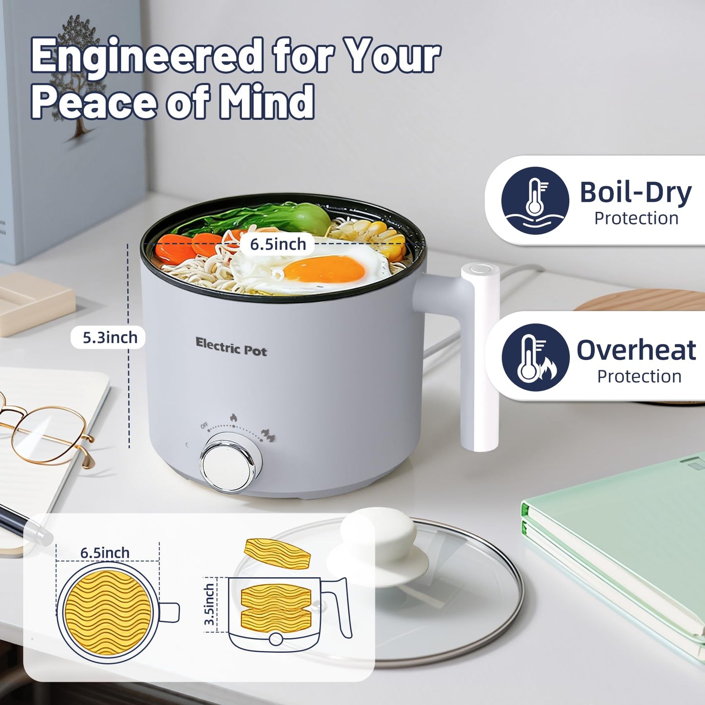 KERZION Electric Hot Pot :1.5L Mini Ramen Cooker with Overheat & Boil-Dry Protection, Suitable for Noodles, Soup, Oatmeal, College Dorm Office Travel Essentials (Grey, 1.5L)