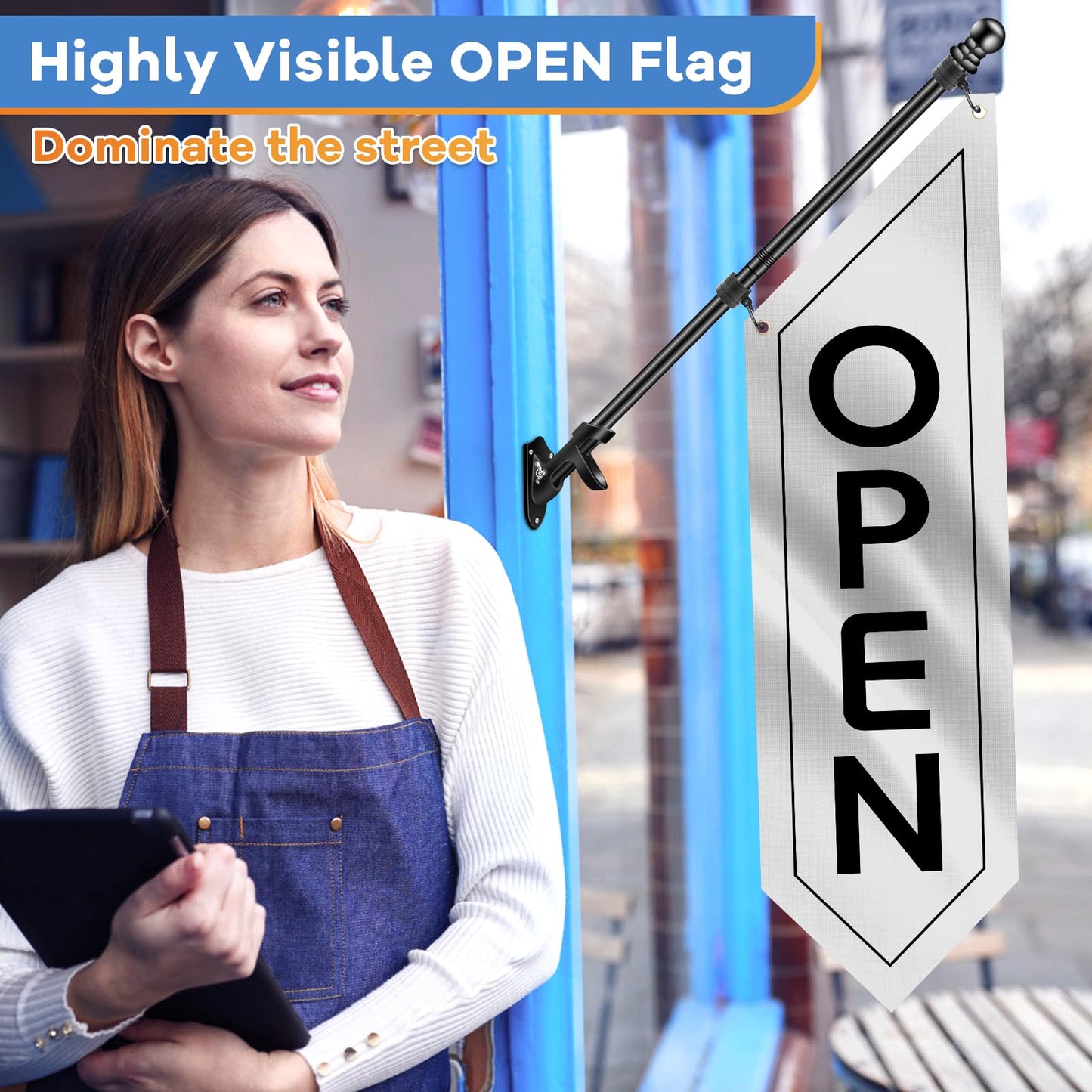 Outdoor Open Sign with Pole-Mounting Kit, Double-Sided Heavy Duty Open Banner for Business, Three-ply Advertising Open Flag with Bracket for Retail Storefront & Shops (White, 41x12 Inch)