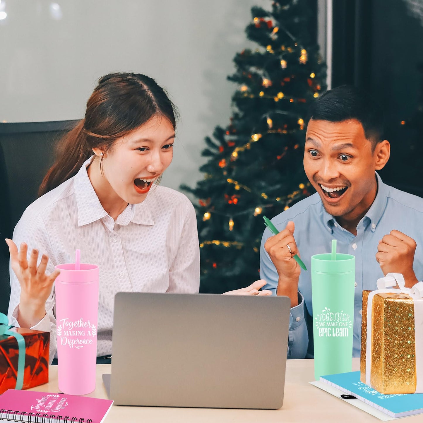 Honeydak 8 Set Appreciation Gifts for End of Year, Thank You Tumblers Bulk with Lids and Straws 16 oz Plastic Coffee Cups with Notebooks Pens for Graduation Teacher Employee Coworker(Bright,Proud)