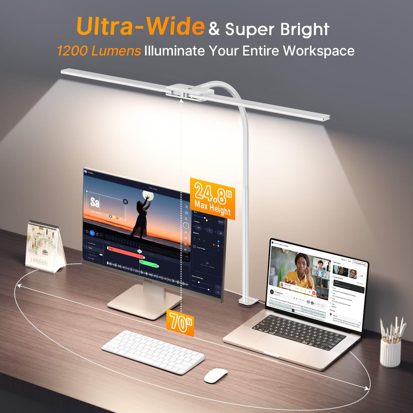 Syrinx LED Desk Lamp, Dual Head Desk Light with Clamp, 50 Lighting Modes Eye-Caring Table Lamp, Flexible Gooseneck Task Light with Motion Sensor, Wired Control, Timer & Memory Function for Home Office