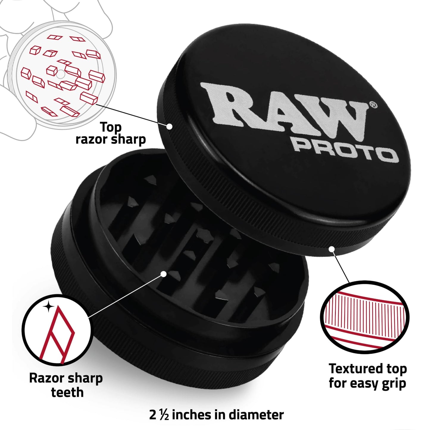 RAW Proto Herb & Spice Grinder – 2.5 Inch Kitchen Mill with Razor Sharp Teeth, Textured Grip Lid, Durable Aluminum Crusher