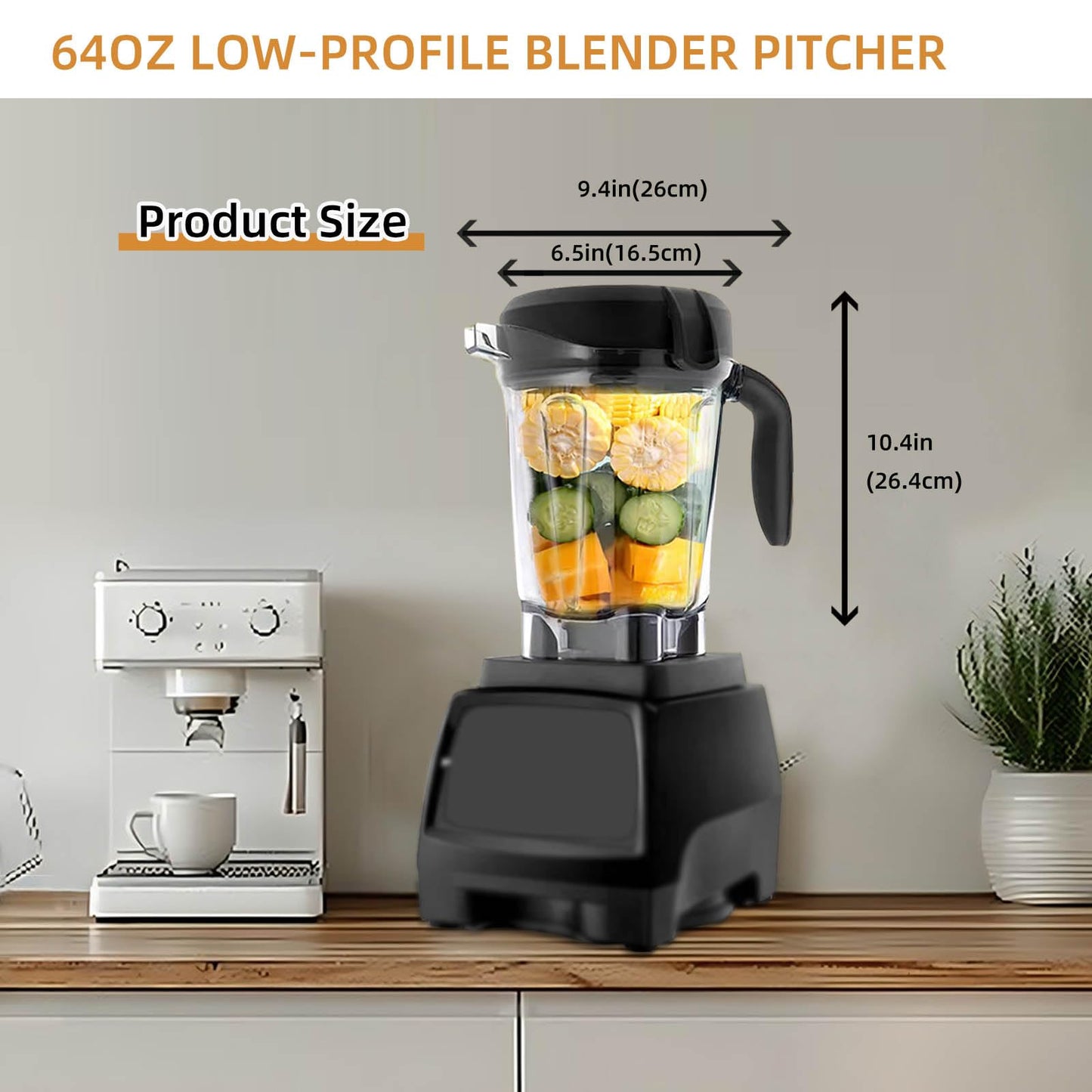 Blender Pitcher 64 oz Low-Profile Container, Compatible with 5200, 750, 5000, 6300, 7500, vm0102, vm0103, vm0197, E310 - Classic/Explorian/Commercial Series Cups