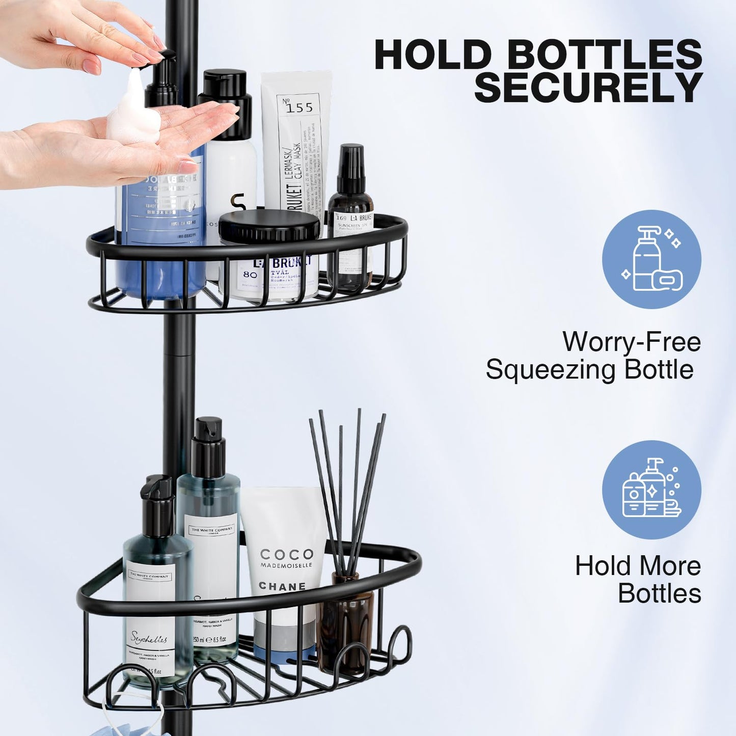 Corner Shower Caddy Tension Pole: Stainless Steel Rustproof 4-Tier Shower Organizer - 47-121 inch Adjustable Bathroom Shelves for Bathtub Shampoo Storage - Tension Rod Floor Standing Bath Rack - Black