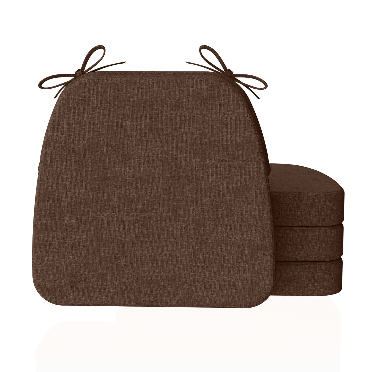 AAAAAcessories D-Shaped Chair Cushions, 2" Thick Dining Chair Pads with Ties and Removable, Machine-Washable Cover, 17" x 16", Set of 4, Brown