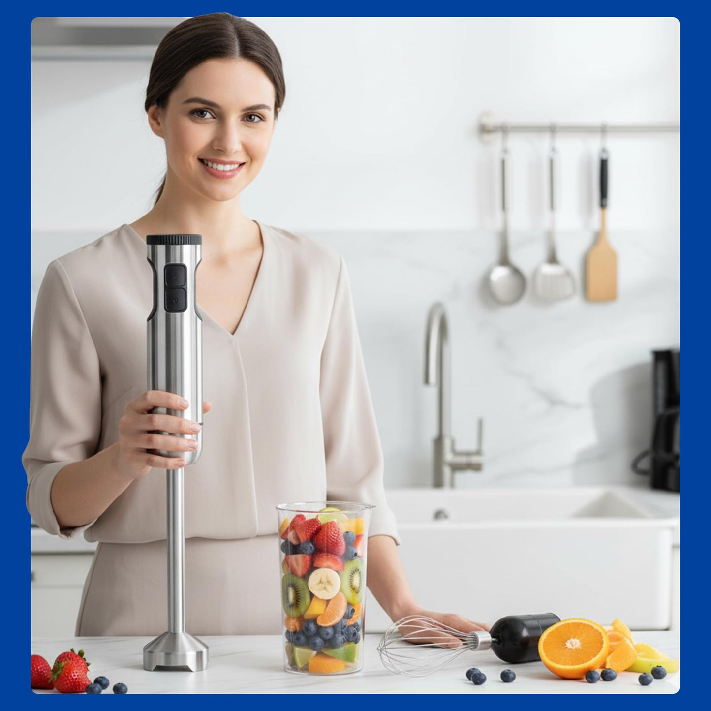 TEGH 4-in-1 Immersion Hand Blender Set - 800W Powerful Stainless Steel Stick Blender with Whisk, Chopper and Beaker - 8-Speed Handheld Blender for Smoothies, Soup, Baby Food and Puree