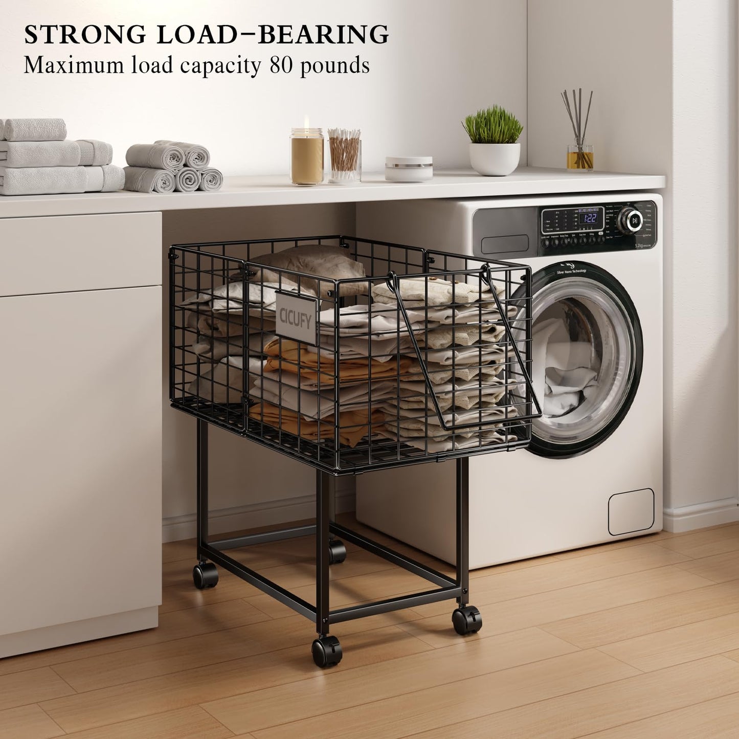 CICUFY Rolling Laundry Cart, 80L Wire Laundry Hamper Basket on Wheels, Dirty Clothes Basket with Handle, Metal Clothes Hamper Organizer for Laundry Room, Bathroom, Bedroom, Dorm, Black