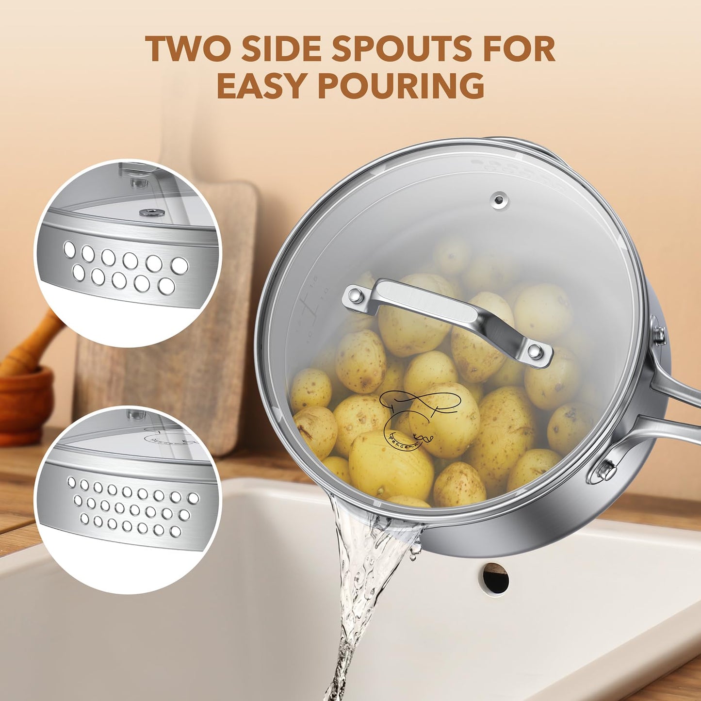 PekGema Stainless Steel Saucepan 3 Quart with Glass Strainer Lid, Tri-Ply Construction, Dual Pour Spouts, Measurement Marks, Stay-Cool Handle, Dishwasher & Oven Safe, All Cooktops Compatible