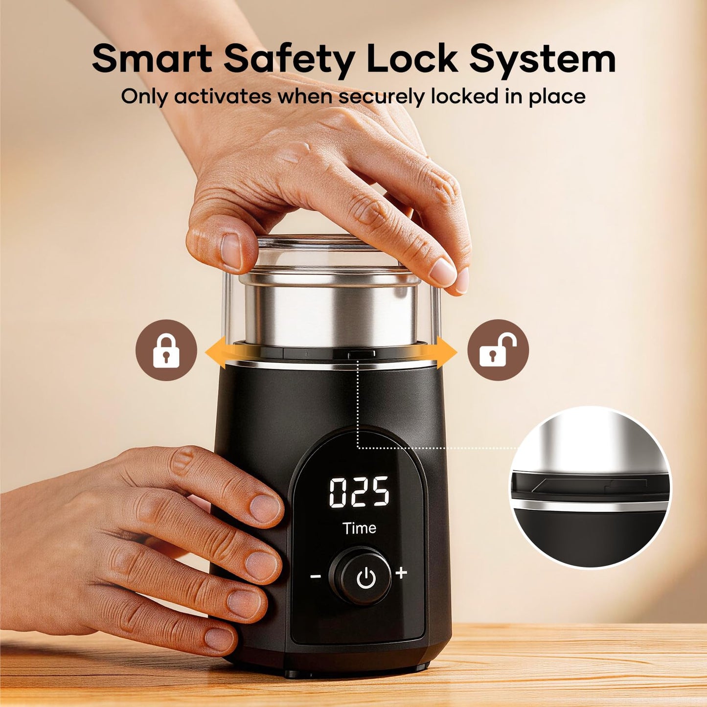 Spacefrog Coffee Bean Grinder Electric with Adjustable Coarse to Fine Smart Digital Timer, Low Noise, Sealed Safety Lid, 1x Removable Stainless Steel Cup & Anti-Vibration Base for Bean, Spices, Herbs