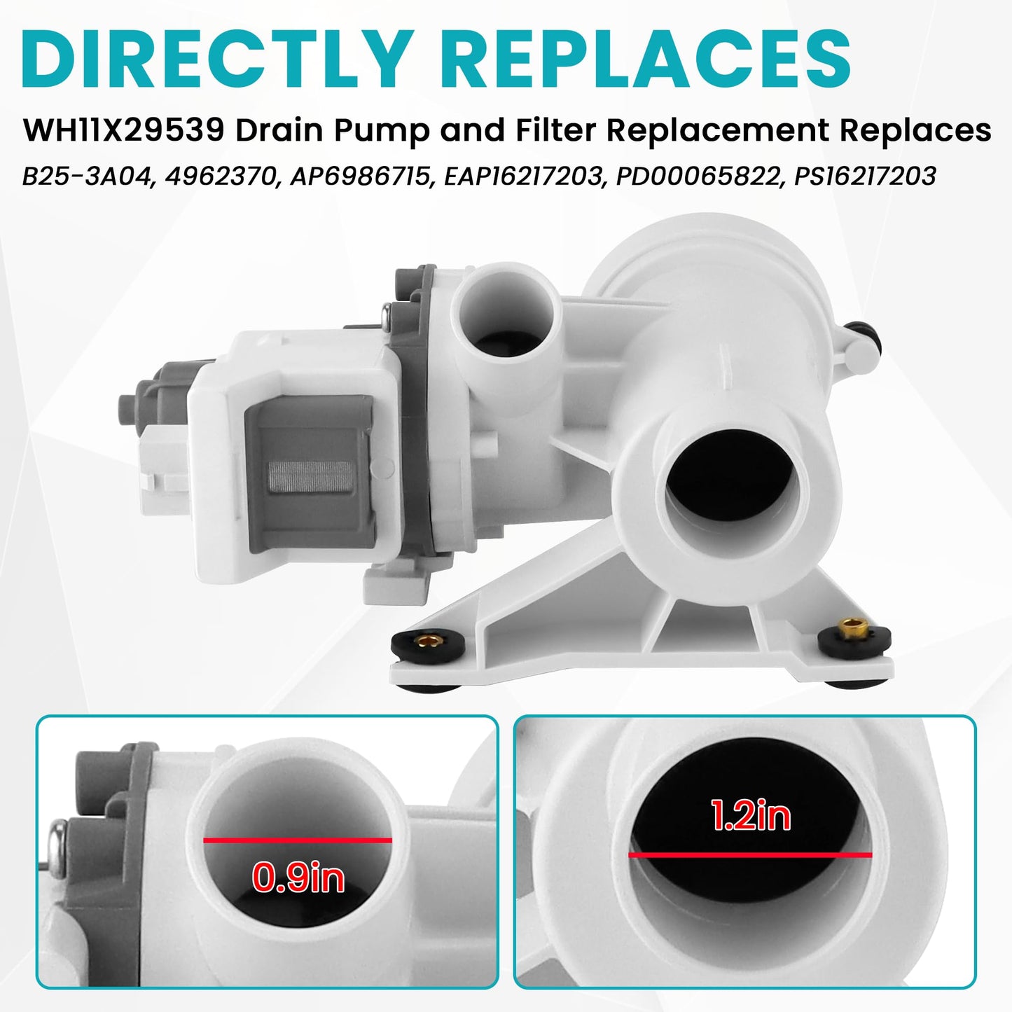 WH11X29539 AP6986715 Drain Pump and Filter Replacement Fit for GE Front Load Washers gfw550spn2dg Replaces B25-3A04, 4962370, EAP16217203, PD00065822, PS16217203 by AMI PARTS (1-year QA)