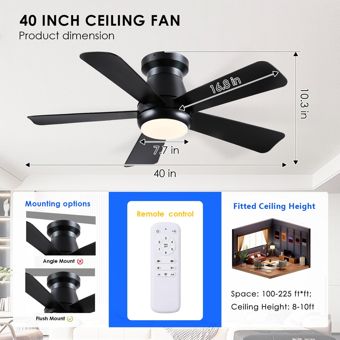 Hounberi 40 Inch Black Ceiling Fan with Light and Remote, Low Profile Flush Mount Ceiling Fans, Quiet Reversible Motor, 3-Color Dimmable LED, Modern Indoor Fan for Bedroom, Living Room & Low Ceilings