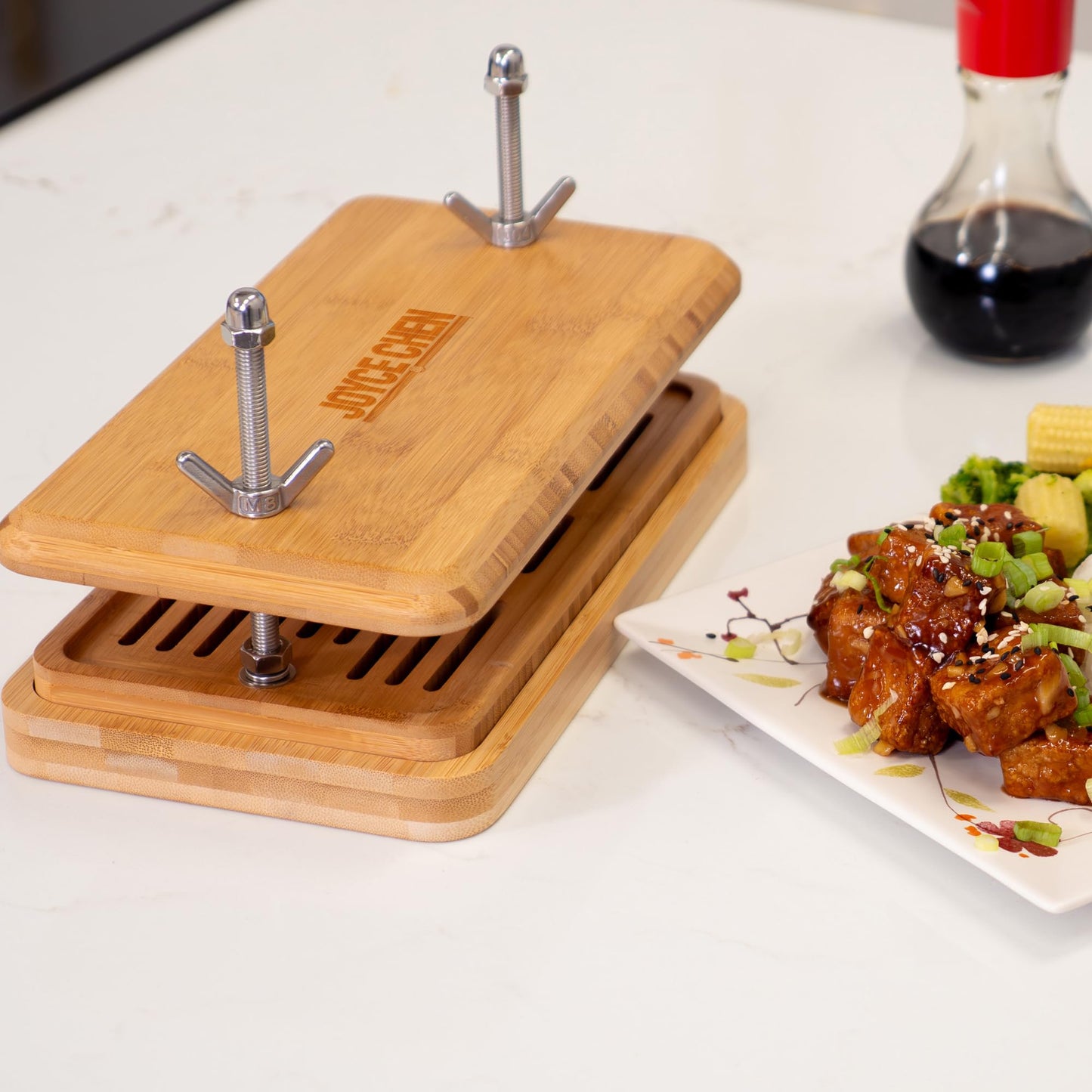 Joyce Chen Bamboo Tofu Press, Built-In Drainage Grate & Removable Drip Tray, Adjustable Dual Tension Screws, Easily Remove Water from Tofu, Mess-Free Tofu Drainer