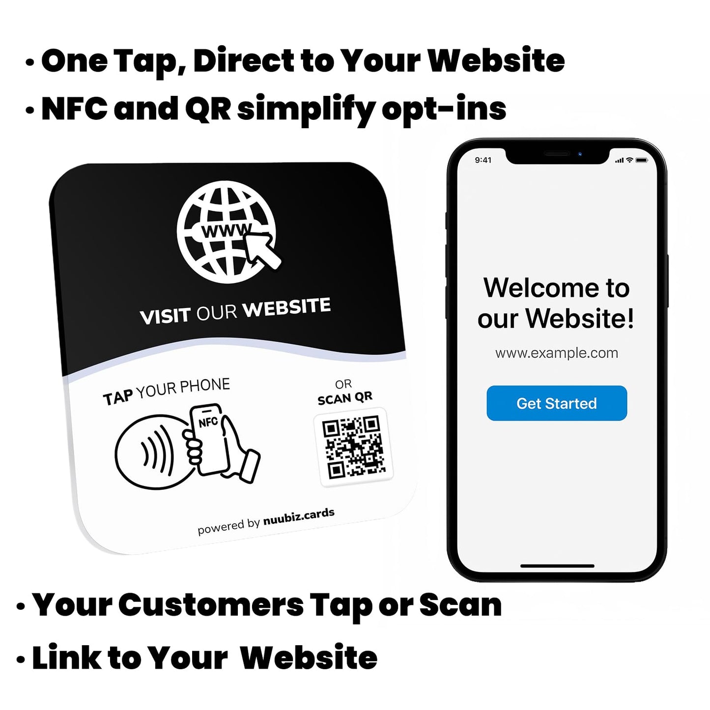 NUUBIZ NFC Social Media Sign Plate - QR Code Sign for Social Media, Facebook, TikTok, Website - Reusable Taps - Get More Followers & Reviews - Adhesive & Stand (Website Plate, 1)